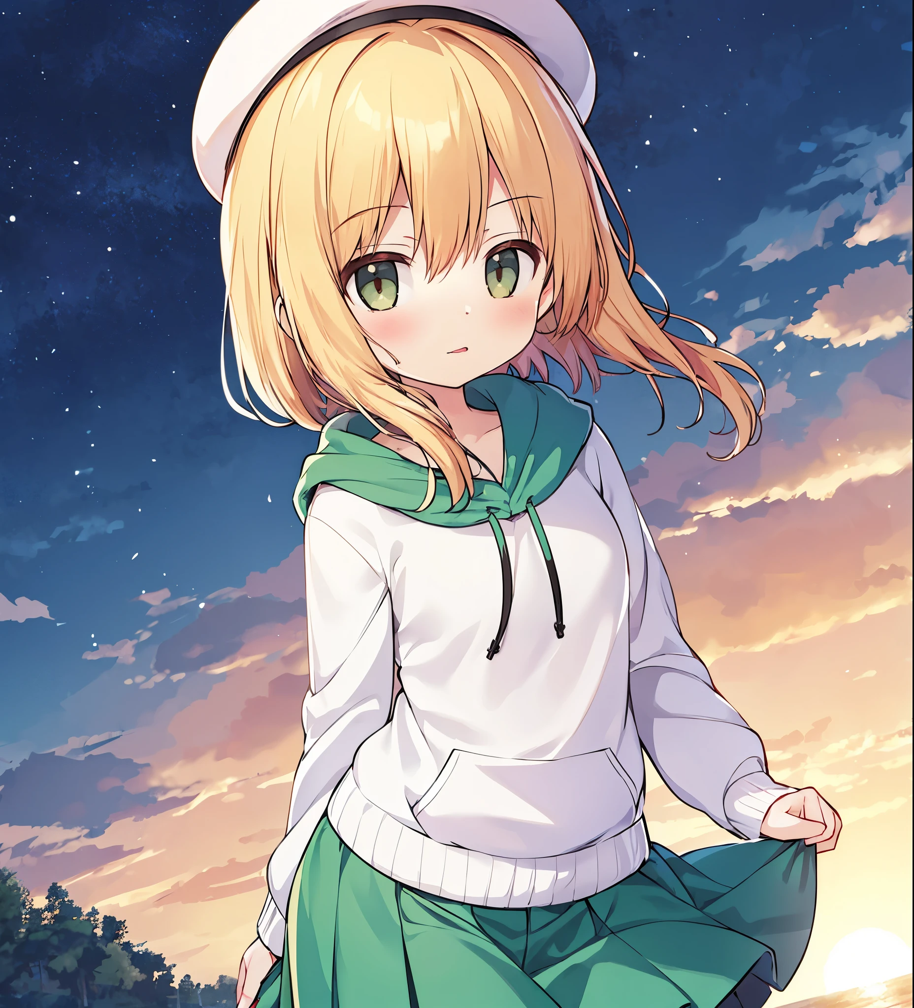 1 girl, alone, scarf, skirt, pantyhose, have, long hair,白いshoulder hoodie , outdoors, eyebrows visible through hair, looking at the viewer,  , blush, , bangs,, ,, dutch angle, sneakers,, green skirt,, green eyes, ,  Are standing,, clothes,, small mouth, white,sunrise sky, white ladies hat, bare ,cute,cute, 1 young girl, alone, side up short hair, pixie cut, bangs, hair ornaments, Eyes,, close view, From Adobe, Severe,, big breasts, 壊す sunrise skyの背景、green eyes、Silky delicate pale red hair、ラップskirtを着ている幼女、Kyoani style、mouth slightly open、白いshoulder hoodieを着ている女の子、Shiny and beautiful shoulders、very cute girl、shoulder hoodie、白いshoulder hoodie、girl wearing a hoodie that shows off her shoulders、鈍bangs、A delicate girl with a slightly angry face