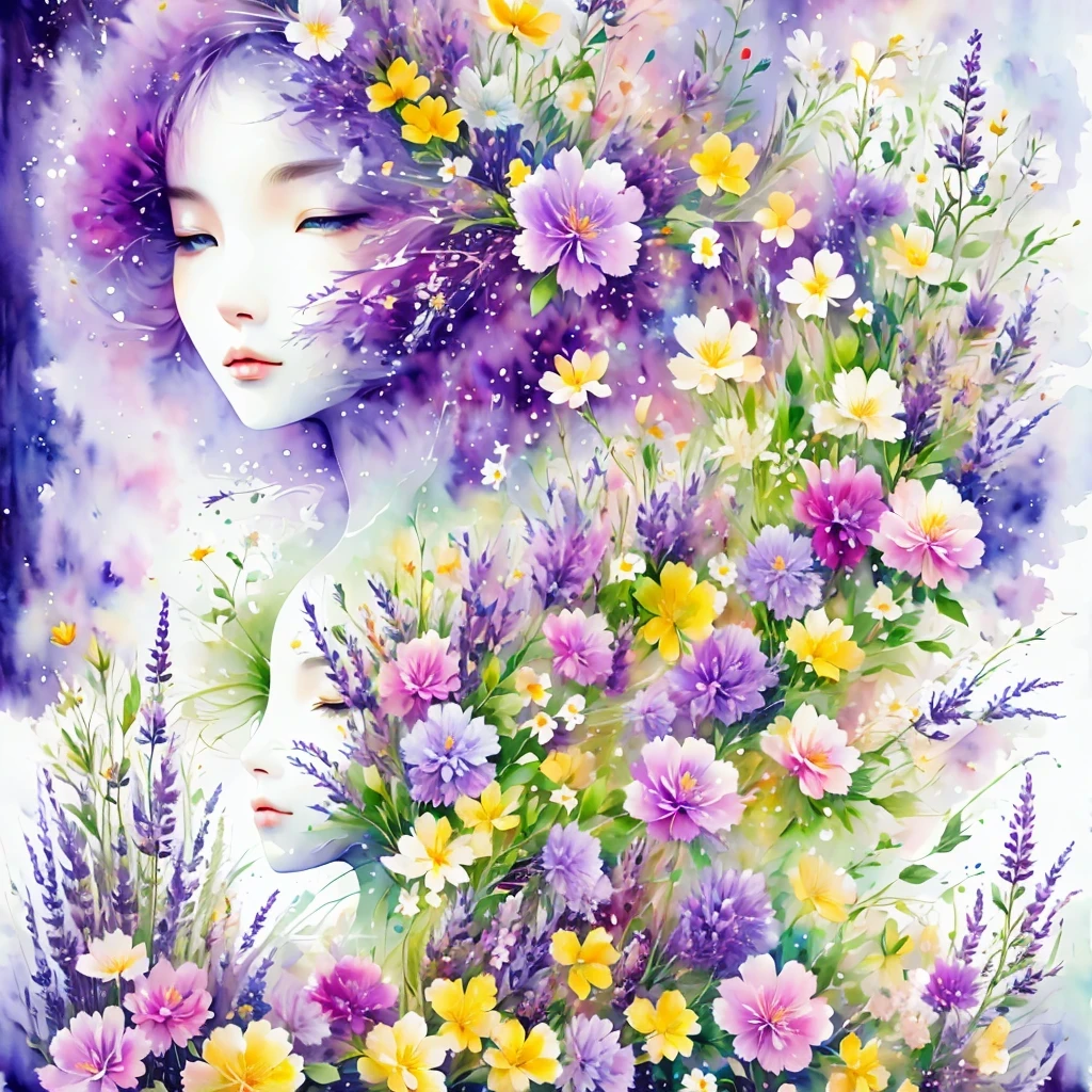(masterpiece, best quality:1.2), Watercolor flower paintings present a delicate and refreshing visual effect. Sakura and lavender fields,The perfect combination of nature and romance. The screen is dominated by a white background, Highlight isolated watercolor flower. Splash technology recreates wet conditions, Create a hazy and dreamy atmosphere. The unique composition and abstract expression add an artistic touch to the picture, Contains elements of surrealism. The overall color tone is mainly light colors, Light purple and green complement each other, Show high-resolution details. The splash effect adds a dynamic feel to the image, The light color gives the flowers a deep and restrained beauty.