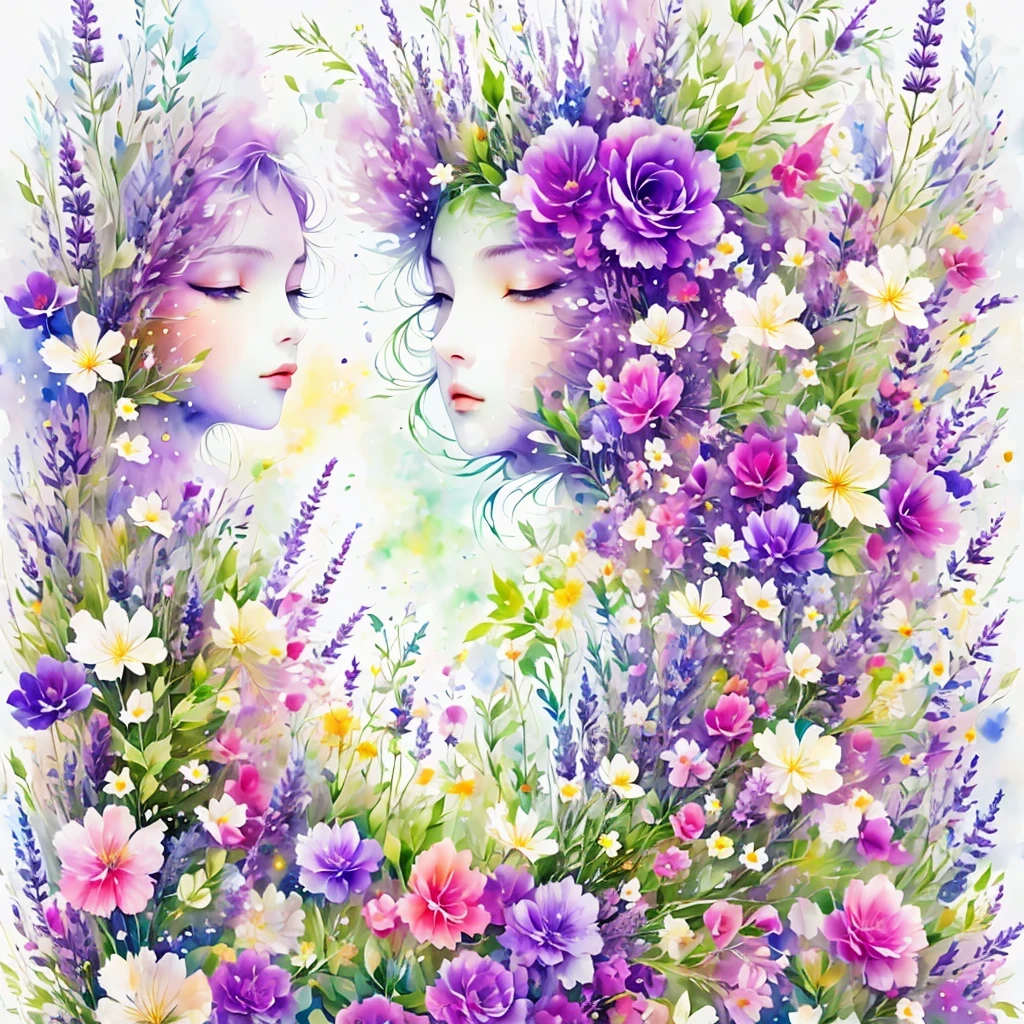 (masterpiece, best quality:1.2), Watercolor flower paintings present a delicate and refreshing visual effect. Sakura and lavender fields，The perfect combination of nature and romance. The screen is dominated by a white background, Highlight isolated watercolor flower. Splash technology recreates wet conditions, Create a hazy and dreamy atmosphere. The unique composition and abstract expression add an artistic touch to the picture, Contains elements of surrealism. The overall color tone is mainly light colors, Light purple and green complement each other, Show high-resolution details. The splash effect adds a dynamic feel to the image, The light color gives the flowers a deep and restrained beauty.