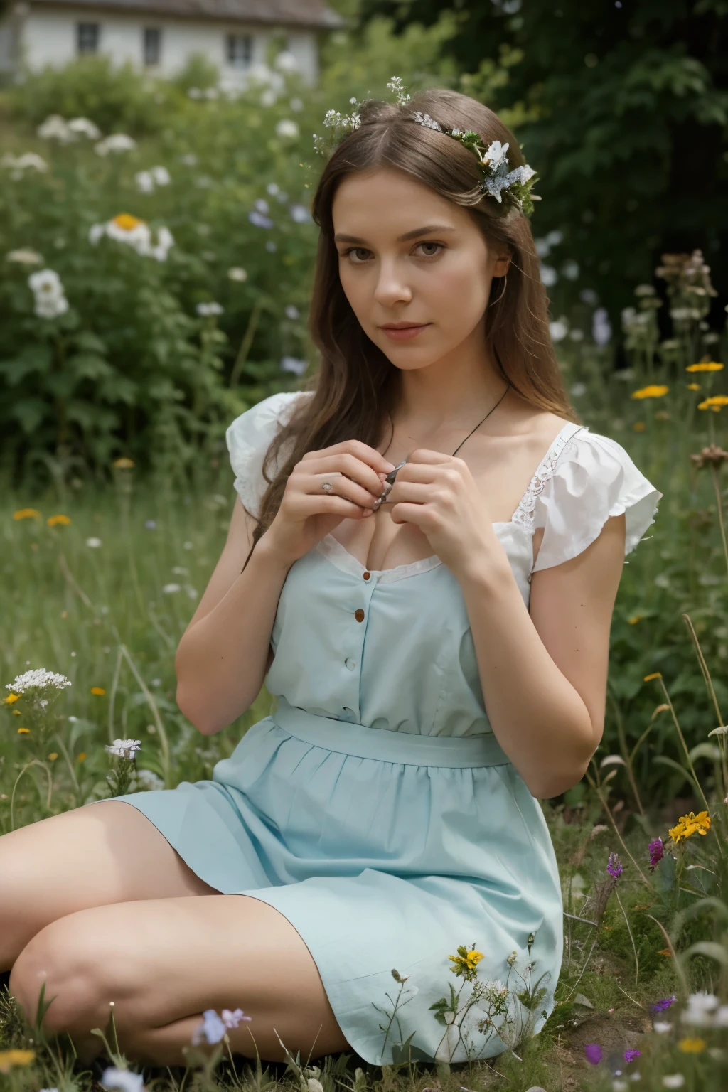 Frau in sitzender Position, king, Von hinten gesehen, Wildflowers in her hands, Die Farbgebung ist hell, Jahrgang & Retro-Stil