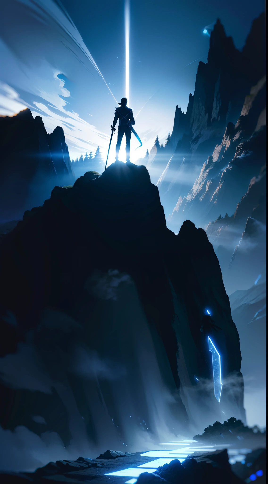 a picture taken from the back of a person standing on a rock with a sword, (masterpiece:1.2), best quality, Tyndall effect, neon lights, ghost, fumes, apparition, ghostdom, night, backlight, $Realistic$