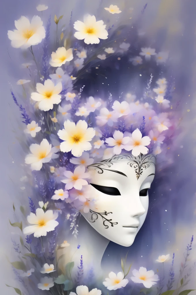 Mask in the sea of flowers，White mask surrounded by flowers