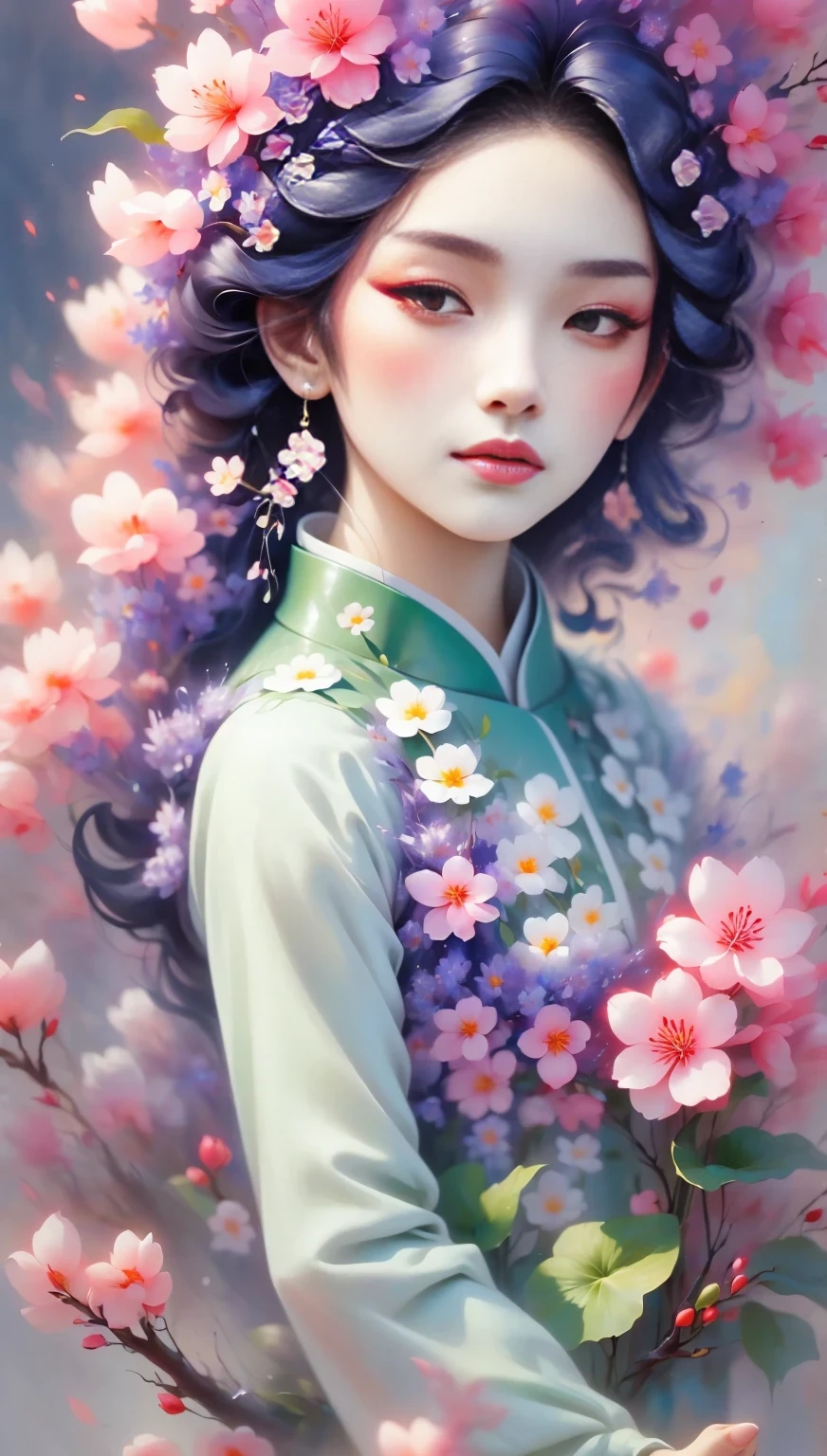 (((Baiyun,Sakura background))), (((high saturation))), ((surrounded by brilliant colors)))) super detailed, Beautiful and beautiful, masterpiece, best quality, (tangled, mandala, tangled, twist), (Fractal art: 1.3), 1 girl, Very detailed, dynamic angle, cowboy shooting, Chaos in its most beautiful form, elegant, brutalist design, bright colors, romanticism, Michael Mraz, Adrian Gurney, Petra Courtright, Atmospheric, ecstatic notes, Mobile phone notes are visible