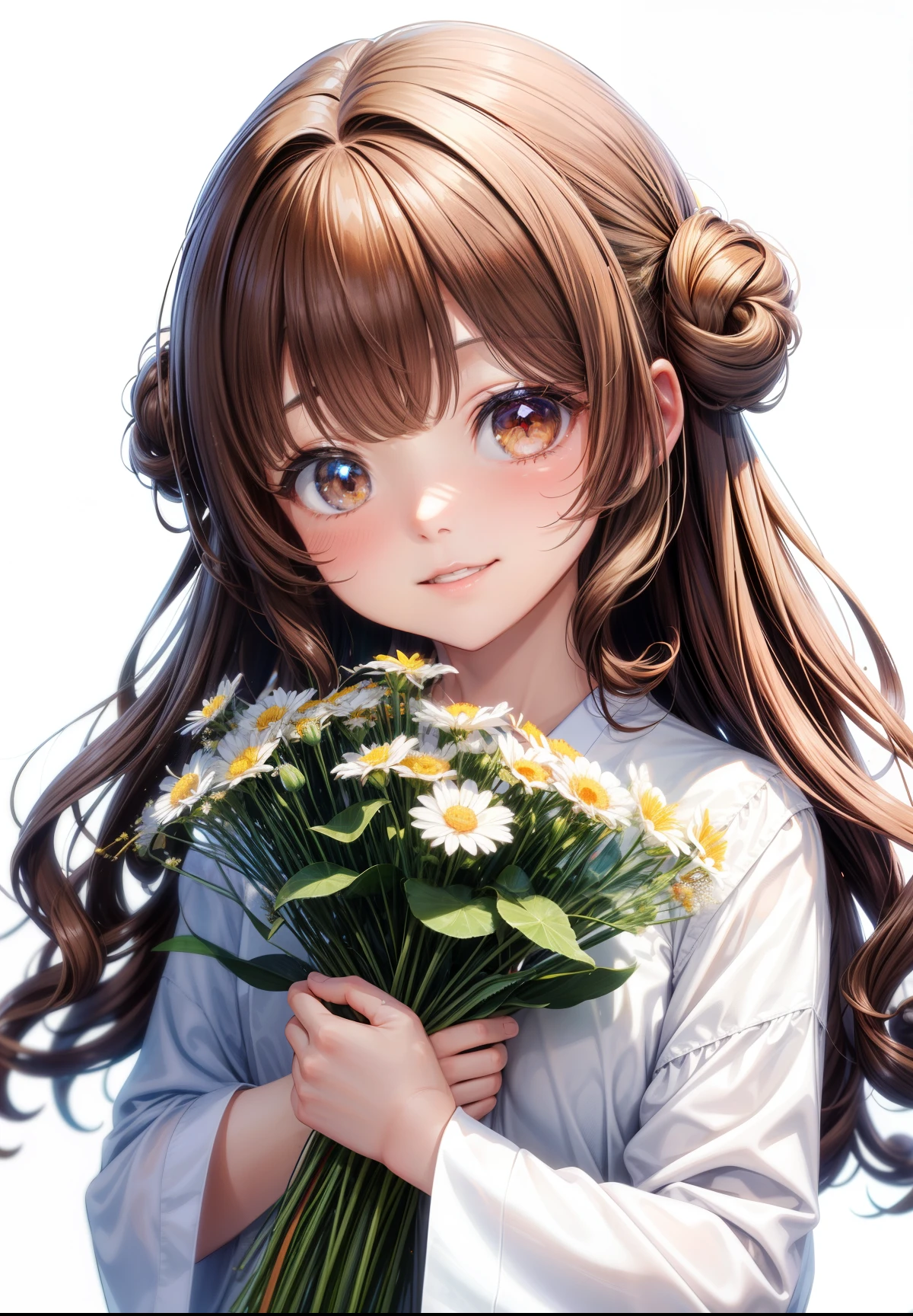 girl、white background、no background、Curled shortcuts、curly hair、contrasting bangs、brown hair、My eyes are sparkling、highlight、flower、flowerかんむり、髪の毛にflowerがついている、fluffy、All are displayed、photograph all hair、blush、smile、cute、no background