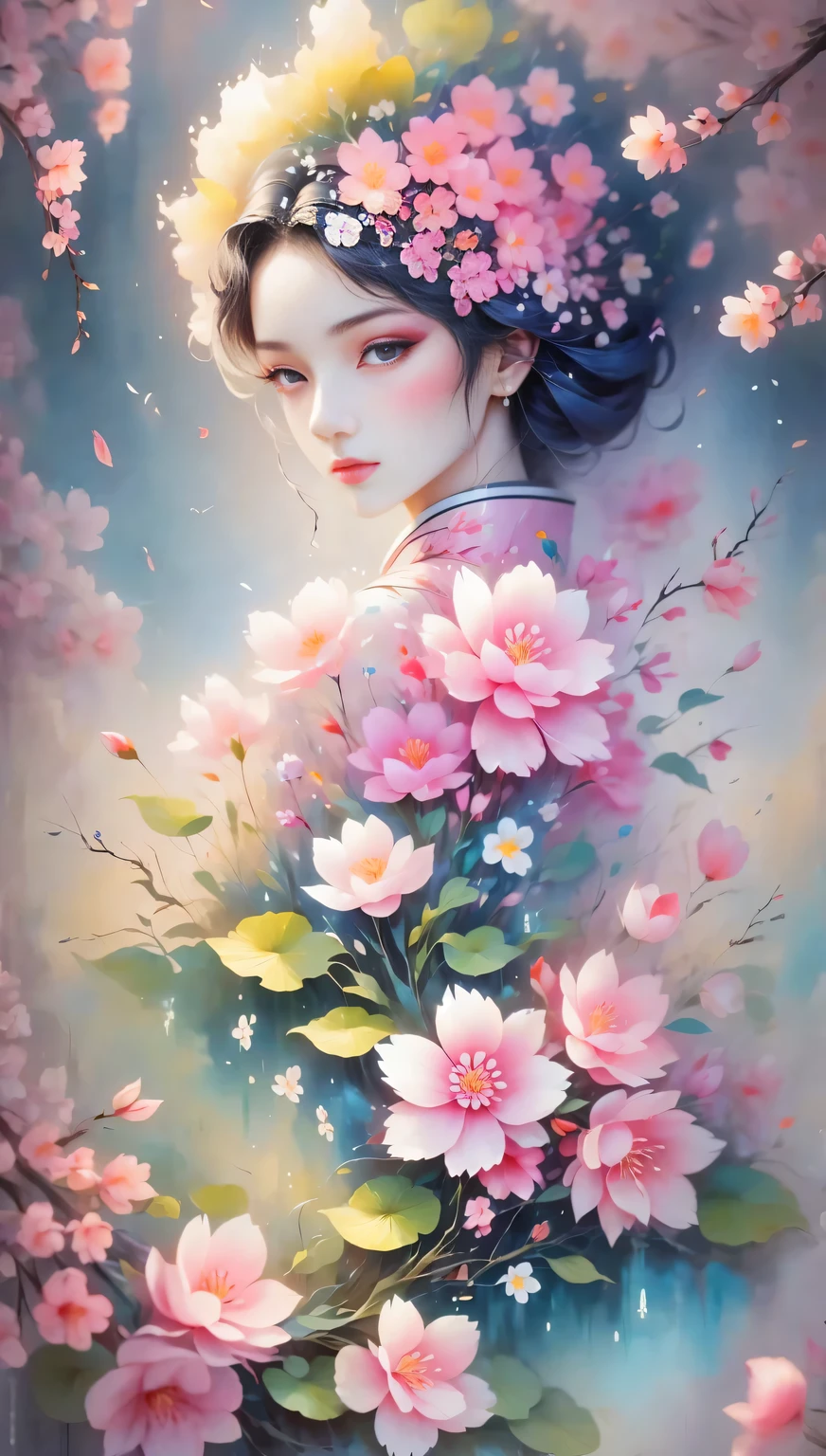 (((Baiyun,Sakura background))), (((high saturation))), ((surrounded by brilliant colors)))) super detailed, Beautiful and beautiful, masterpiece, best quality, (tangled, mandala, tangled, twist), (Fractal art: 1.3), 1 girl, Very detailed, dynamic angle, cowboy shooting, Chaos in its most beautiful form, elegant, brutalist design, bright colors, romanticism, Michael Mraz, Adrian Gurney, Petra Courtright, Atmospheric, ecstatic notes, Mobile phone notes are visible
