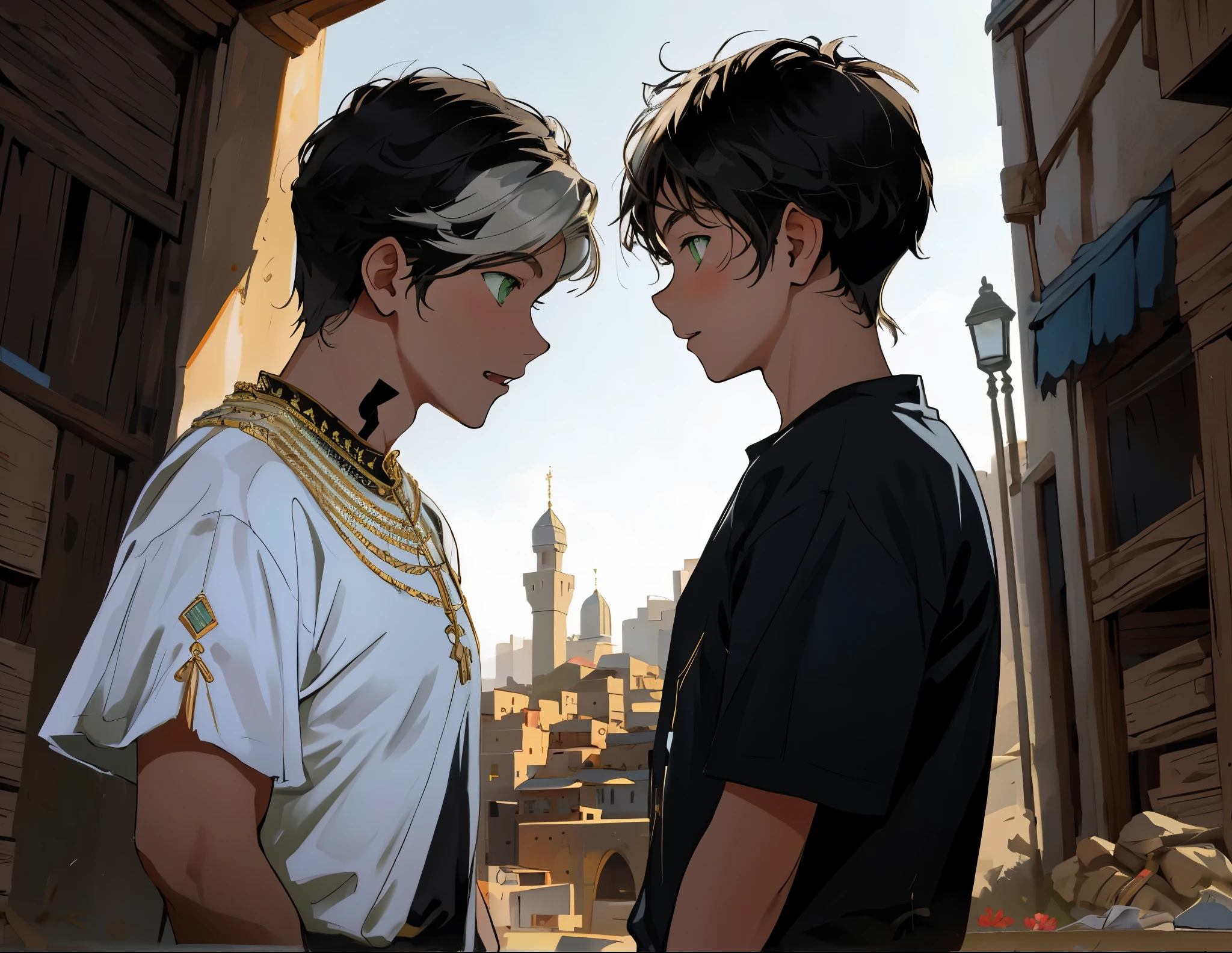 There are two 8-year-old young men, one with white hair and green eyes, is amazed when he sees the other young man's face and asks him questions, very amazed and excited.