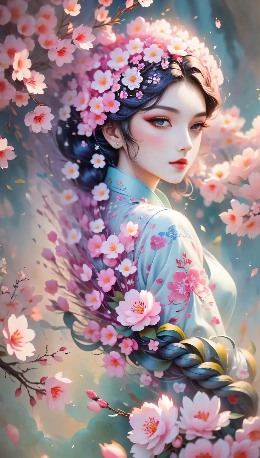 (((Baiyun,Sakura background))), (((high saturation))), ((surrounded by brilliant colors)))) super detailed, Beautiful and beautiful, masterpiece, best quality, (tangled, mandala, tangled, twist), (Fractal art: 1.3), 1 girl, Very detailed, dynamic angle, cowboy shooting, Chaos in its most beautiful form, elegant, brutalist design, bright colors, romanticism, Michael Mraz, Adrian Gurney, Petra Courtright, Atmospheric, ecstatic notes, Mobile phone notes are visible