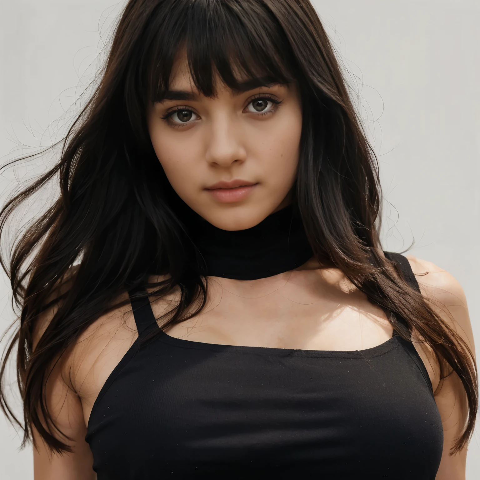 close up on the body of a girl with black long hair with bangs wearing a black Low Bodycon Dress, On a clean white background