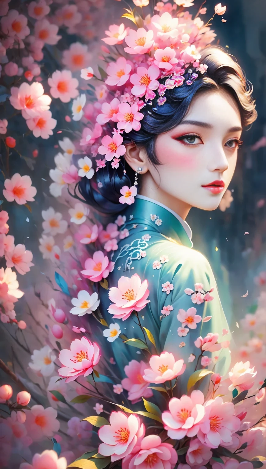 (((Baiyun,Sakura background))), (((high saturation))), ((surrounded by brilliant colors)))) super detailed, Beautiful and beautiful, masterpiece, best quality, (tangled, mandala, tangled, twist), (Fractal art: 1.3), 1 girl, Very detailed, dynamic angle, cowboy shooting, Chaos in its most beautiful form, elegant, brutalist design, bright colors, romanticism, Michael Mraz, Adrian Gurney, Petra Courtright, Atmospheric, ecstatic notes, Mobile phone notes are visible