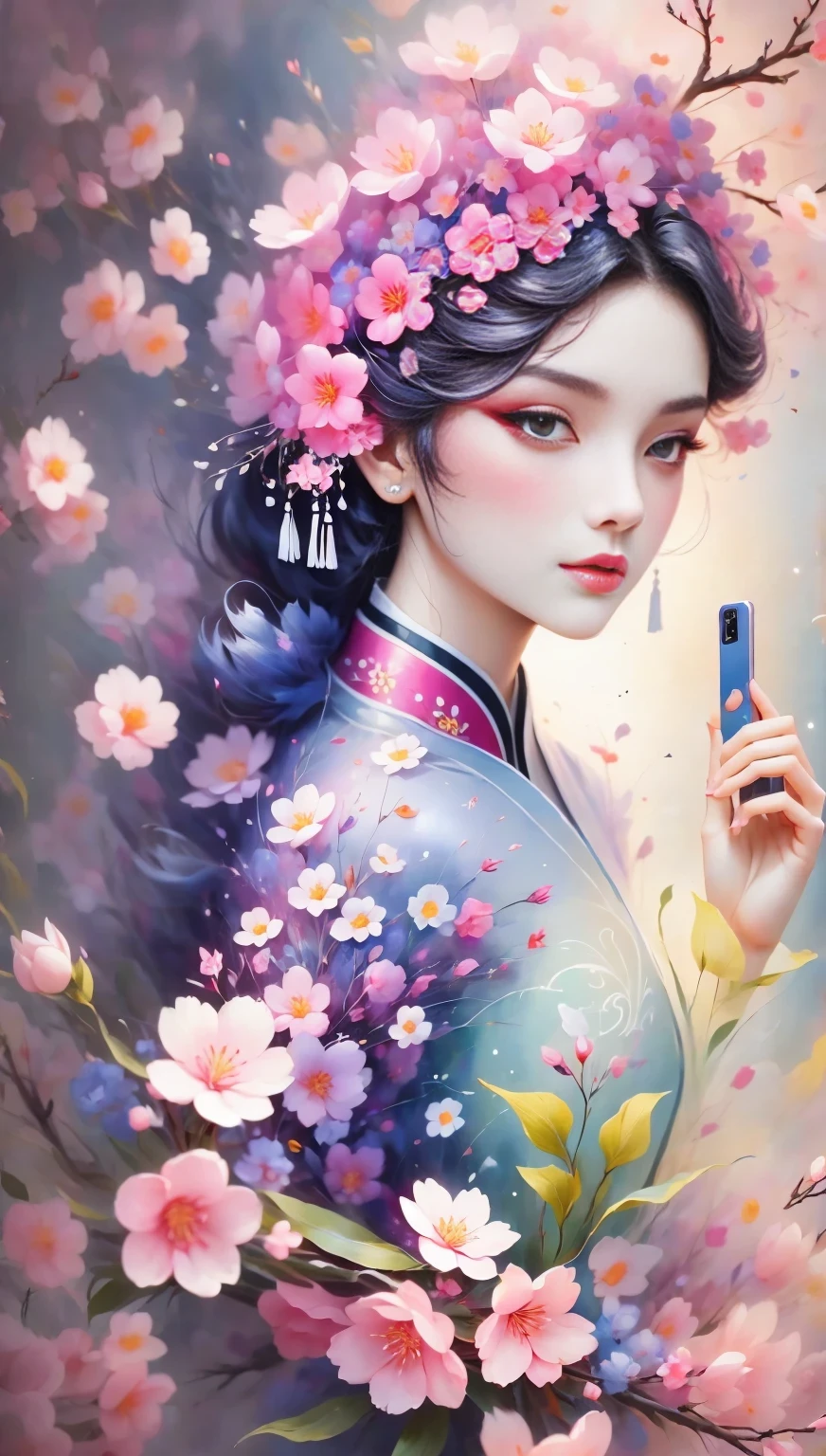 (((Baiyun,Sakura background))), (((high saturation))), ((surrounded by brilliant colors)))) super detailed, Beautiful and beautiful, masterpiece, best quality, (tangled, mandala, tangled, twist), (Fractal art: 1.3), 1 girl, Very detailed, dynamic angle, cowboy shooting, Chaos in its most beautiful form, elegant, brutalist design, bright colors, romanticism, Michael Mraz, Adrian Gurney, Petra Courtright, Atmospheric, ecstatic notes, Mobile phone notes are visible