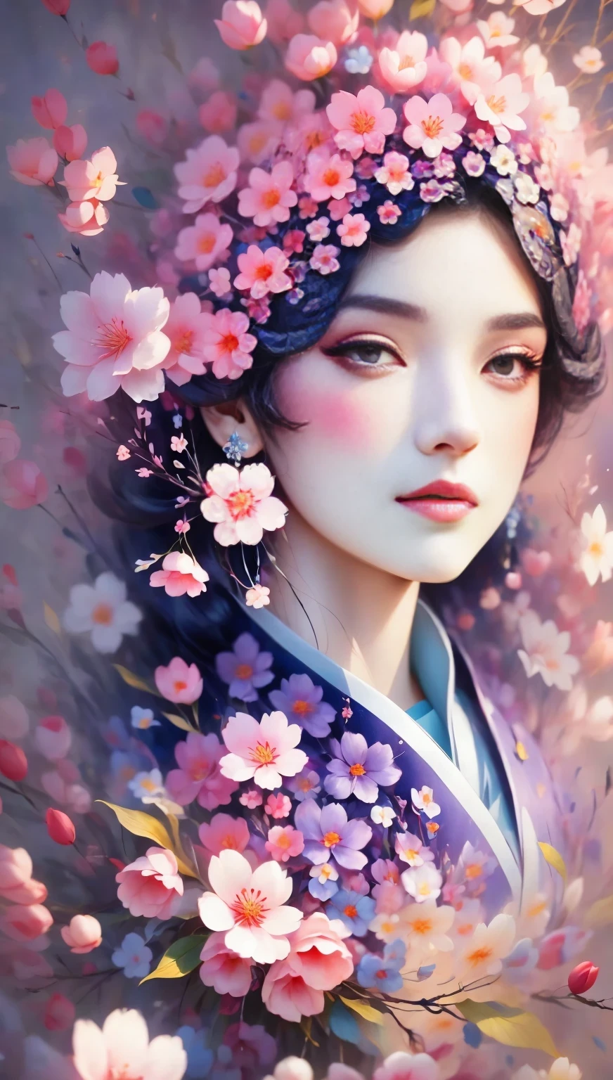 (((Baiyun，Sakura background))), (((high saturation))), ((surrounded by brilliant colors)))) super detailed, Beautiful and beautiful, masterpiece, best quality, (tangled, mandala, tangled, twist), (Fractal art: 1.3), 1 girl, Very detailed, dynamic angle, cowboy shooting, Chaos in its most beautiful form, elegant, brutalist design, bright colors, romanticism, Michael Mraz, Adrian Gurney, Petra Courtright, Atmospheric, ecstatic notes, Mobile phone notes are visible