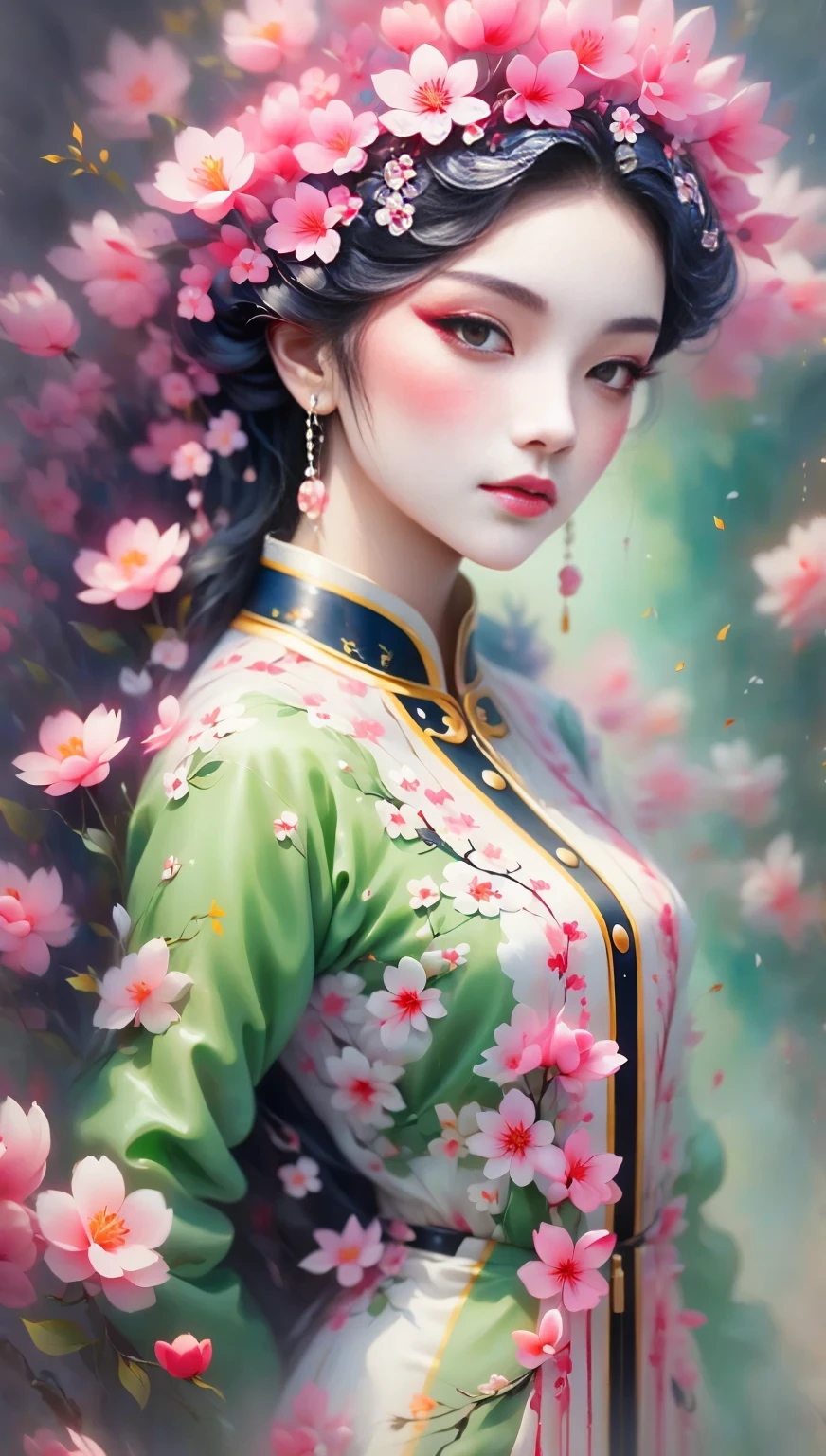 (((Baiyun，Sakura background))), (((high saturation))), ((surrounded by brilliant colors)))) super detailed, Beautiful and beautiful, masterpiece, best quality, (tangled, mandala, tangled, twist), (Fractal art: 1.3), 1 girl, Very detailed, dynamic angle, cowboy shooting, Chaos in its most beautiful form, elegant, brutalist design, bright colors, romanticism, Michael Mraz, Adrian Gurney, Petra Courtright, Atmospheric, ecstatic notes, Mobile phone notes are visible