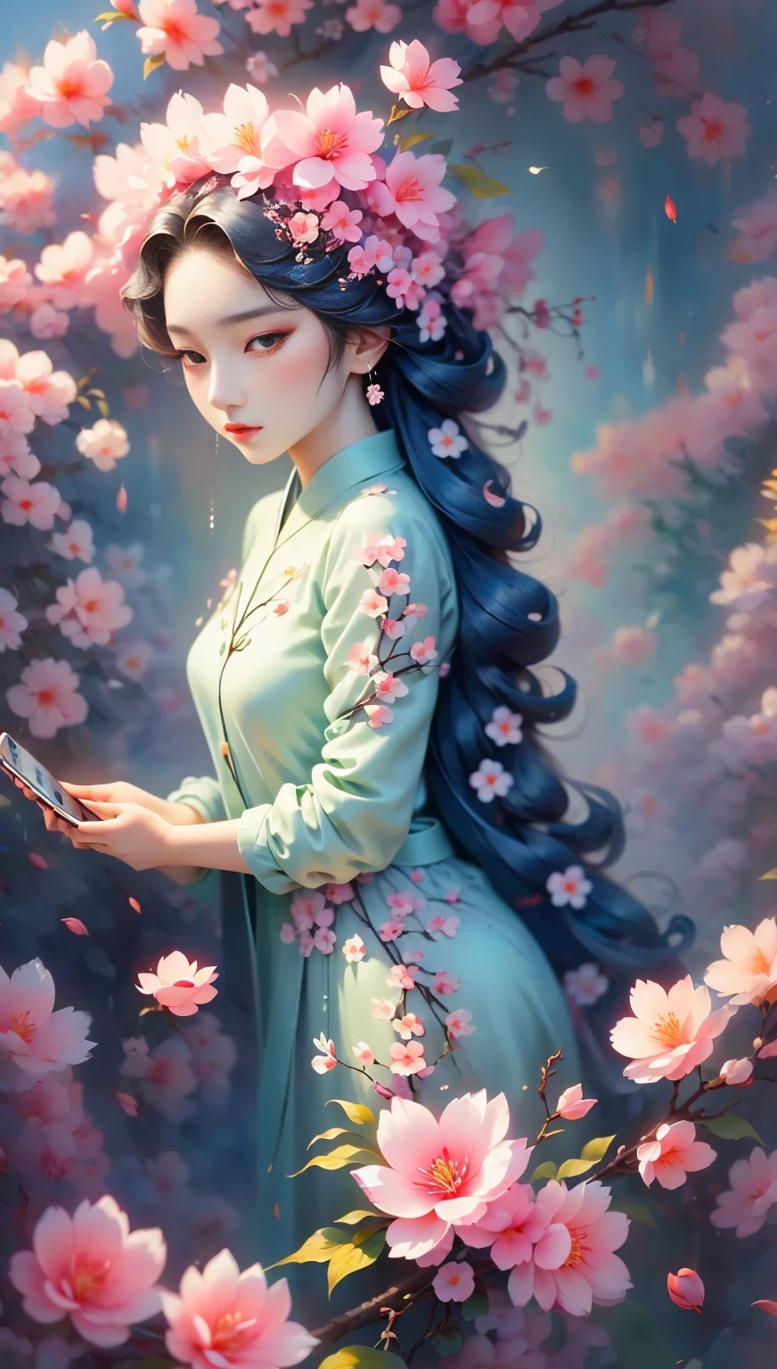 (((Baiyun，Sakura background))), (((high saturation))), ((surrounded by brilliant colors)))) super detailed, Beautiful and beautiful, masterpiece, best quality, (tangled, mandala, tangled, twist), (Fractal art: 1.3), 1 girl, Very detailed, dynamic angle, cowboy shooting, Chaos in its most beautiful form, elegant, brutalist design, bright colors, romanticism, Michael Mraz, Adrian Gurney, Petra Courtright, Atmospheric, ecstatic notes, Mobile phone notes are visible