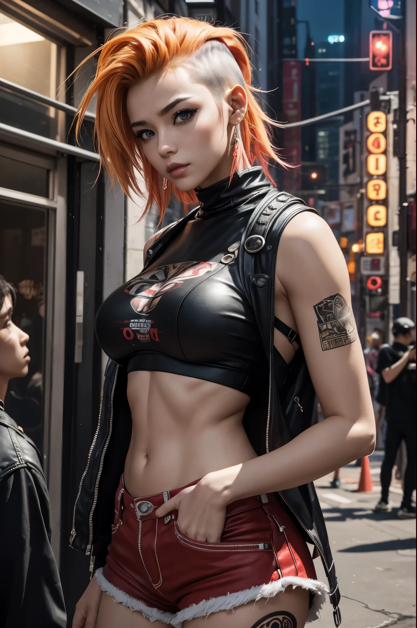 (8k,Masseter muscle part:1.2、highest quality)、(live action、intricate details)、(1 、solo、Upper body、big breasts) red cyberpunk costume、sexy,attractive avant garde、experimental look: redhead mohawk hair、real looking skin dramatic makeup、: attractive,sexyコスチューム,shorts,Counter、provocative location: urban art district、laughter Underground music scene hobbies: attend a punk show、Create mixed media art、Experiment with the values of different subcultures: personality、credibility、inspiration for creative expression: punk rock music、counterculture icon、Avant-garde art movement personality traits: boldness、boldness、unconventional,masterpiece,highest qualityのフォトリアリスティックなRAW写真。bright colors,rich colors, Backlight, cinematic lighting, film grain, to be born, 50mm lens, Nikon D850,detailed character art,fantasy art,ultra high resolution,super realistic skin,Perfect hand shape,Super beautiful(like the real thing),