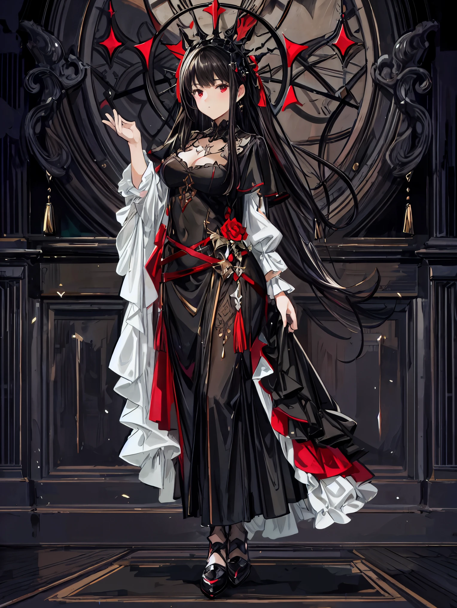 (best quality,4k,8k,highres,masterpiece:1.2),ultra-detailed,(realistic,photorealistic,photo-realistic:1.37),gothic girl,long black hair,red eyes,detailed face and eyes,-yeld gi1.60 meters tall,long black dress,gothic atmosphere,dark background,dramatic lighting,vivid colors,portraits,sharp focus. ((A girl is interacting and leaning on anything+object+on something+pose)), Maximum sharpness, UHD, 16K, anime style, best possible quality, ultra detailed, best possible resolution, ((full_body image)), perfect hand, fingers, hand, perfect, better_hands, More detail, more detail, less detailore detail, less detail 
| {She is interacts with the scenery, her behavior exuding her emotions}, ((perfect_pose)), ((perfect_pose):1.5), (((full body image))), ( (perfect_fingers, perfect_hands, best_handore details)), |
| {The camera is positioned very close to her, revealing her entire body, interacting with and leaning on a structure in the scene in an exciting way}, |  