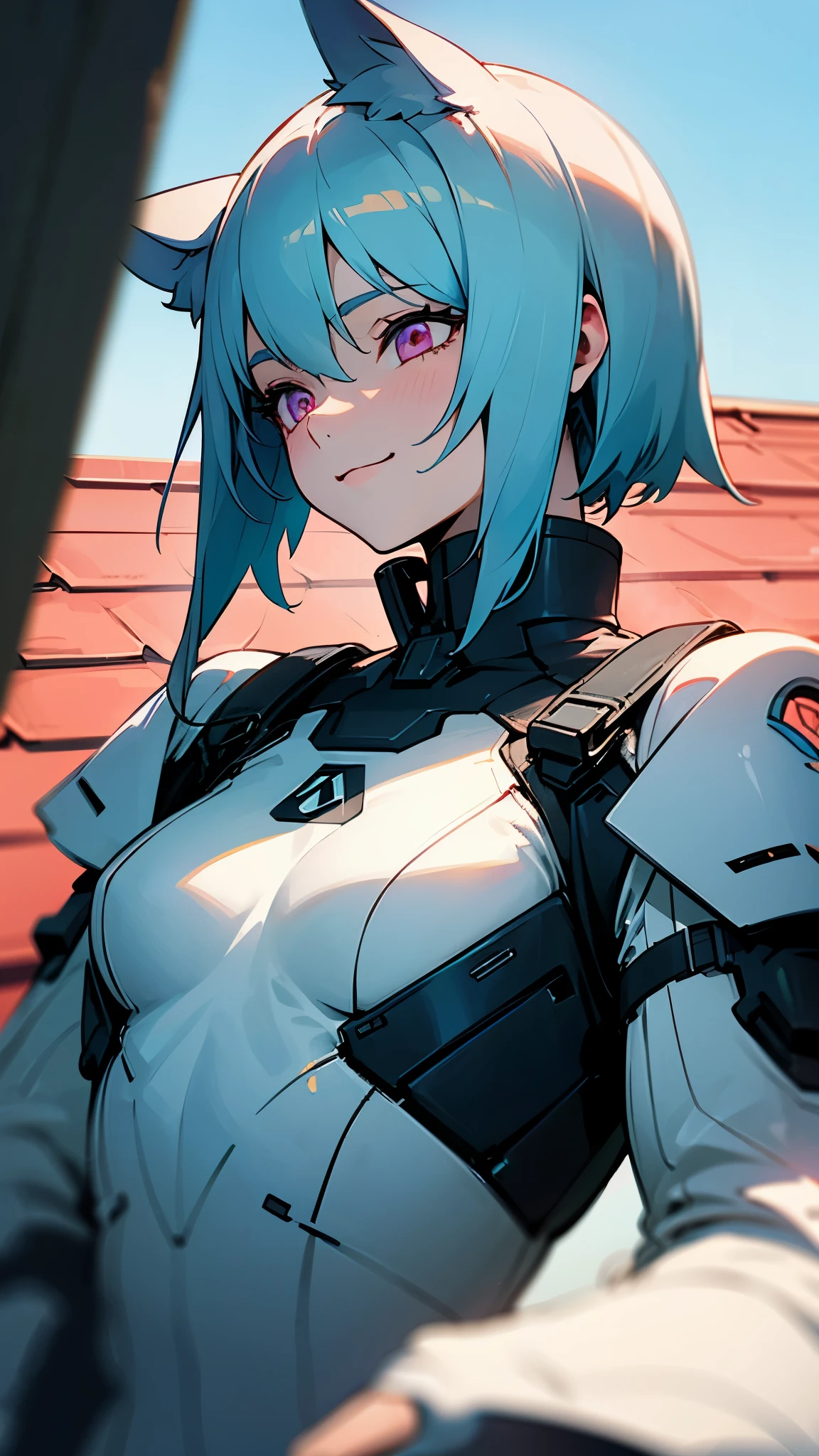 detailed、1 character、pastel washed out colors、cell shade、Soft and calm colors、gentle color、wearing futuristic style clothes、Beautiful woman、small breasts、light blue hair、dog ears、pink eyes、From the side、gloves、bright smile、upper body close-up、blue sky、Large rooftop、sharp outline
