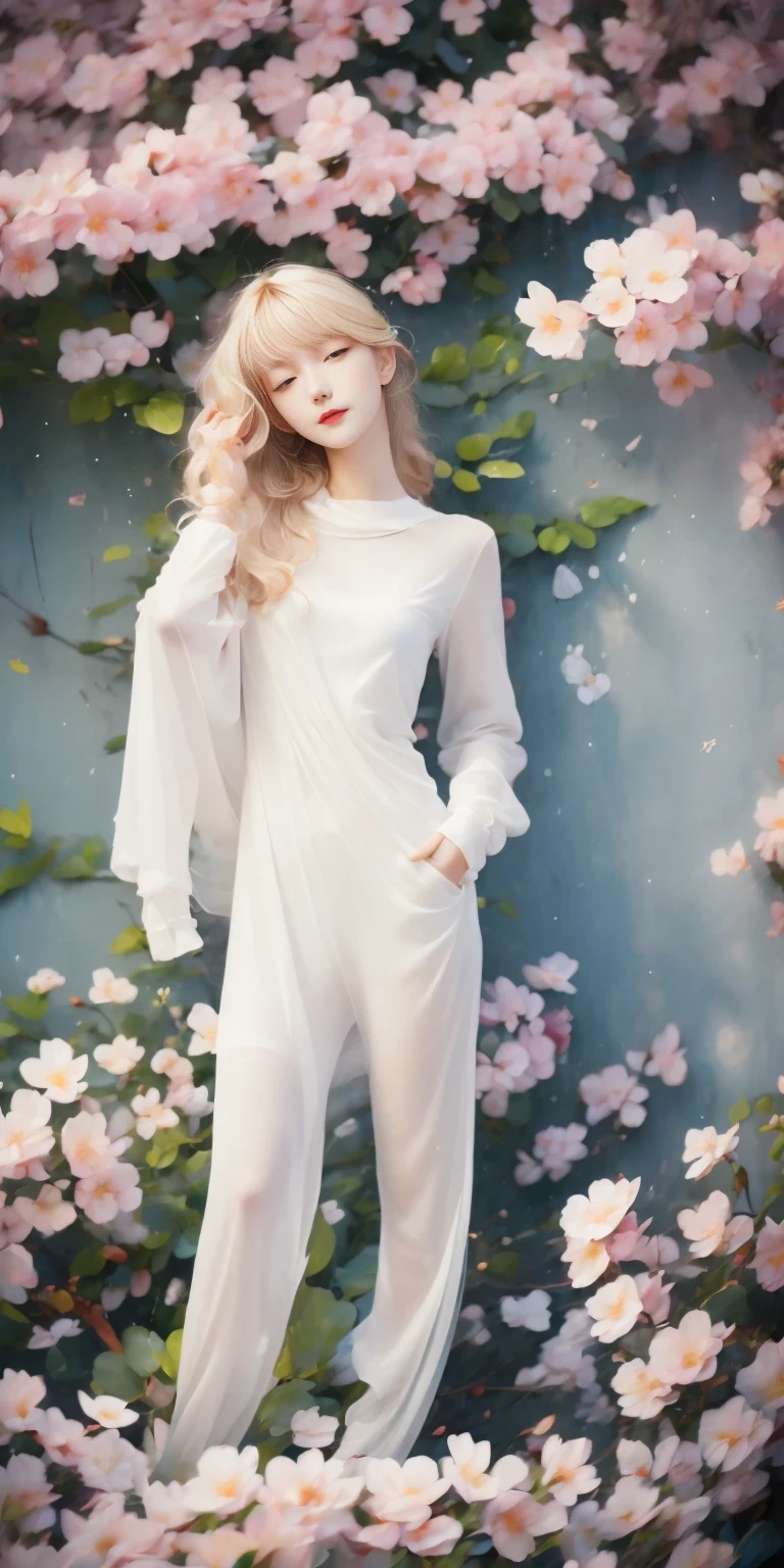 Beautiful woman in dream space, Cherry blossoms，Tight ultra-thin dress gold, 18k, {{masterpiece}}, best quality, high quality:1.4), {{[[View from the front}}, Eye_touch,Various photo taking actions)]], face is very beautiful, and very pretty Eyes, charming的图像, (((Full body image))),（（beautiful legs））, perfect body proportions，（Slim and sexy figure）, （177 meters）, alone, long legs, charming, ，charming的, pale skin, {{18to 22 years old German girl}}, look beautiful German girl and blue Eyes or green Eyes with platinum blonde hair color), Nordic German girl,Modern tailoring garments，see through clothes，External，𝓡𝓸𝓶𝓪𝓷𝓽𝓲𝓬，imagine