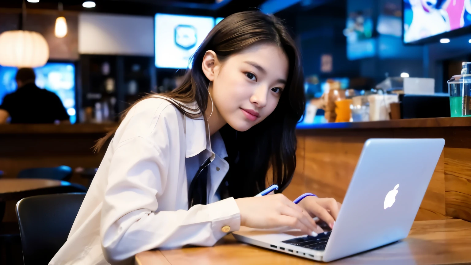 ((highest quality)), ((masterpiece)), (be familiar with), perfect face,Beautiful female college student working remotely using a laptop at a cafe in New York