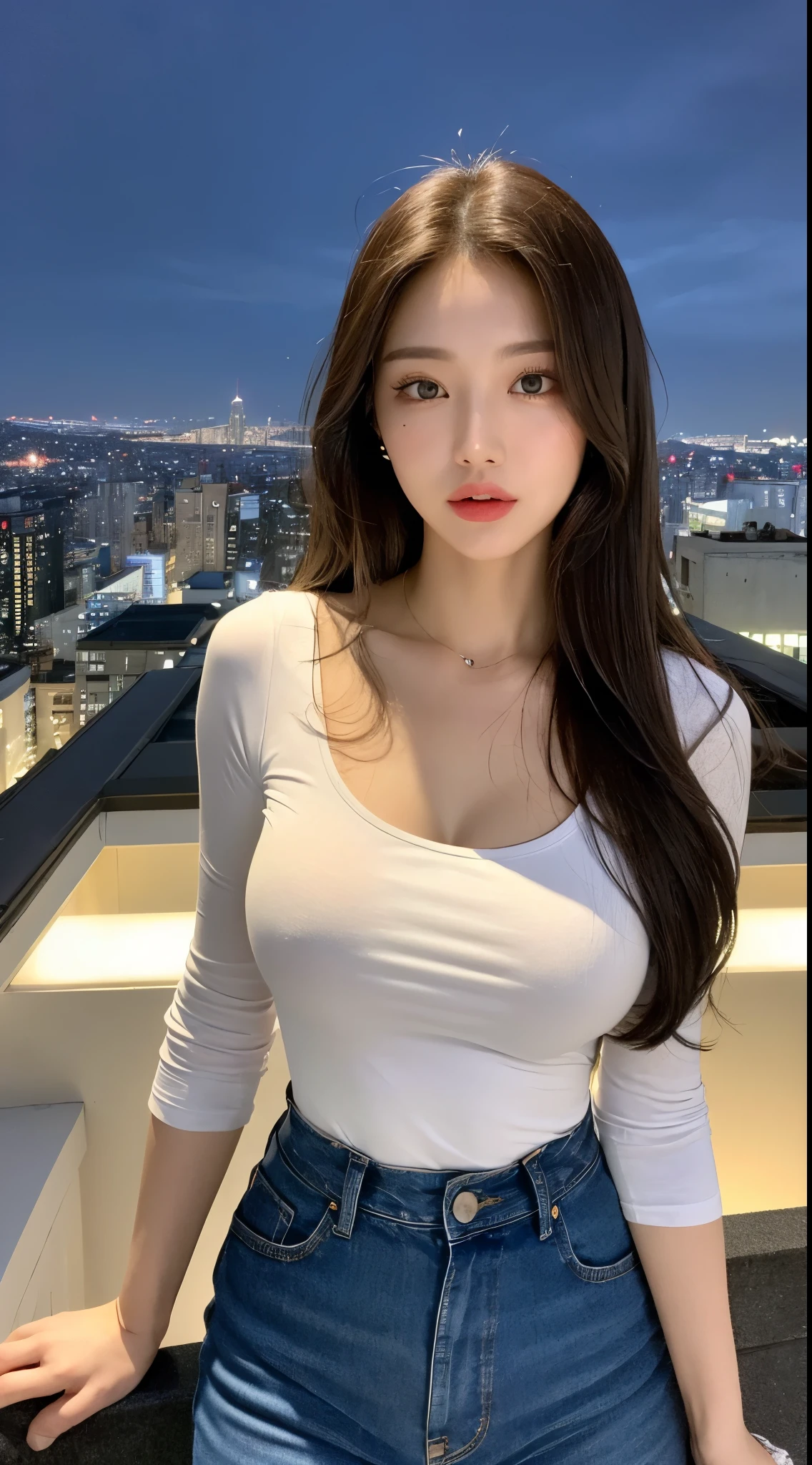 ((Midnight, Best quality, 8k, Masterpiece :1.3)), Whole body, Long legs, Sharp focus :1.2, A pretty woman with perfect figure :1.4, Slender abs :1.1, ((Dark brown hair, Big breasts :1.2)), (White tight tshirt, Jean bib, Standing:1.2), ((Night city view, Rooftop:1.3)), Highly detailed face and skin texture, Detailed eyes, Double eyelid