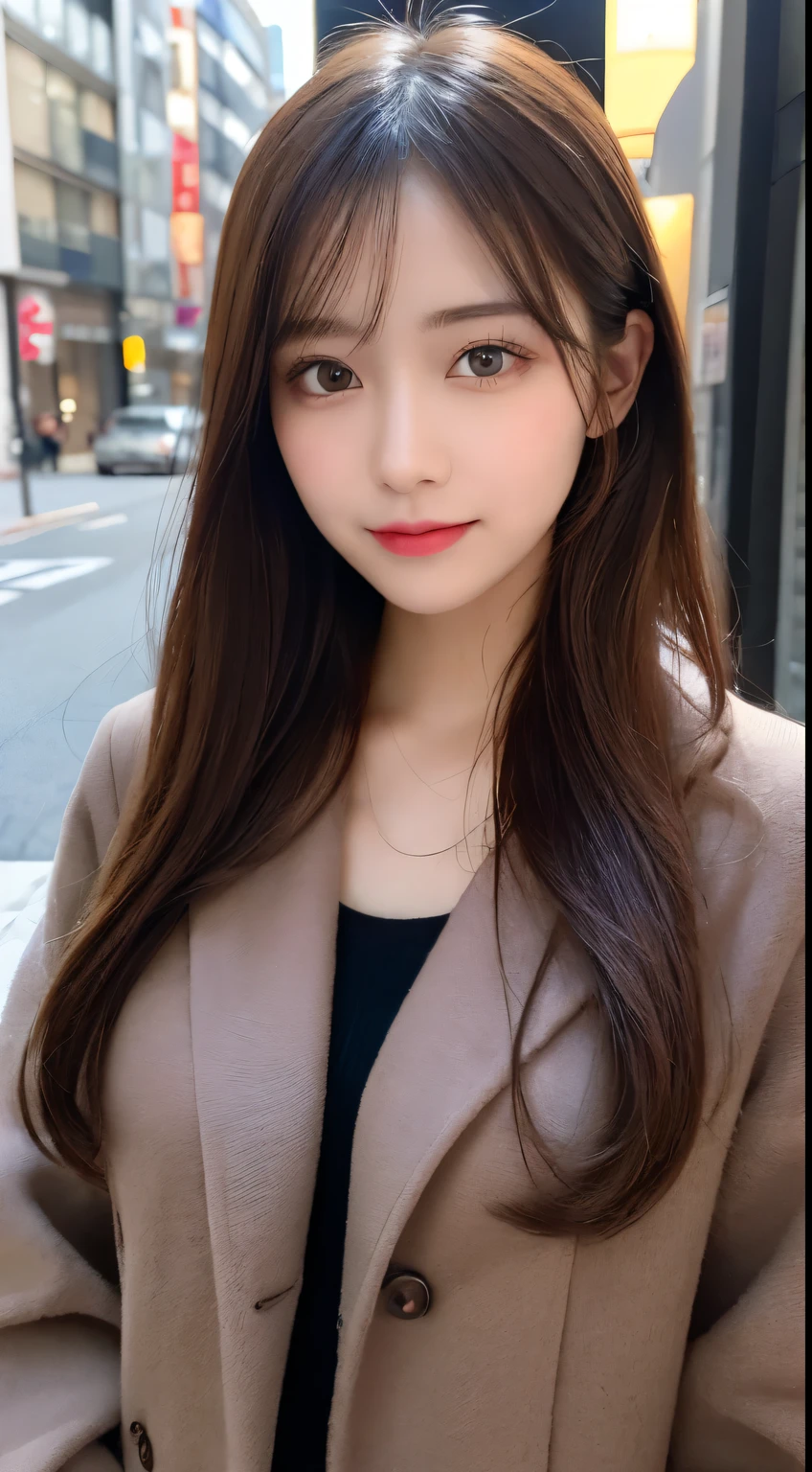 table top, highest quality, shape, Super detailed, finely, High resolution, 8k wallpaper, perfect dynamic composition shape, beautiful and detailed eyes, Gorgeous black fluffy Tokyo winter clothes,random cute hair,,natural color lip, bold sexy pose,smile、20 year old girl、cute、sexy shot looking at camera,Always blur the background,perfect and beautiful face,Take only the face,beautiful and detailed face、slim face and style,Big eyes、do gal makeup,small face,Wearing a luxury brand mink coat