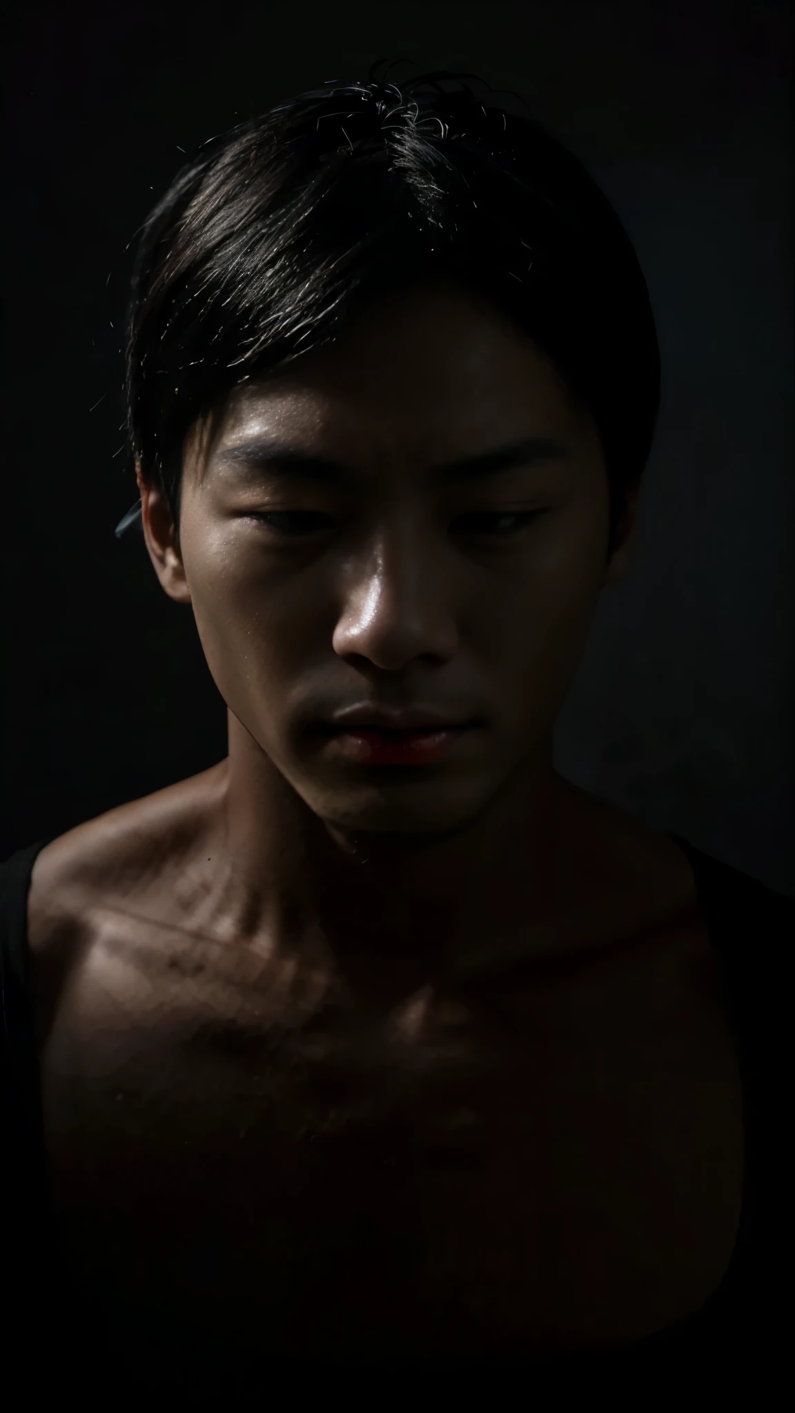 Show me an Asian man who is blindfolded and is surrounded by pitch black darkness. The color of the blindfold is ROYGBIV which symbolizes LGBT. Make the man close his eyes while being blindfolded but at the same time make his posture confident as well as the relaxation of his face.