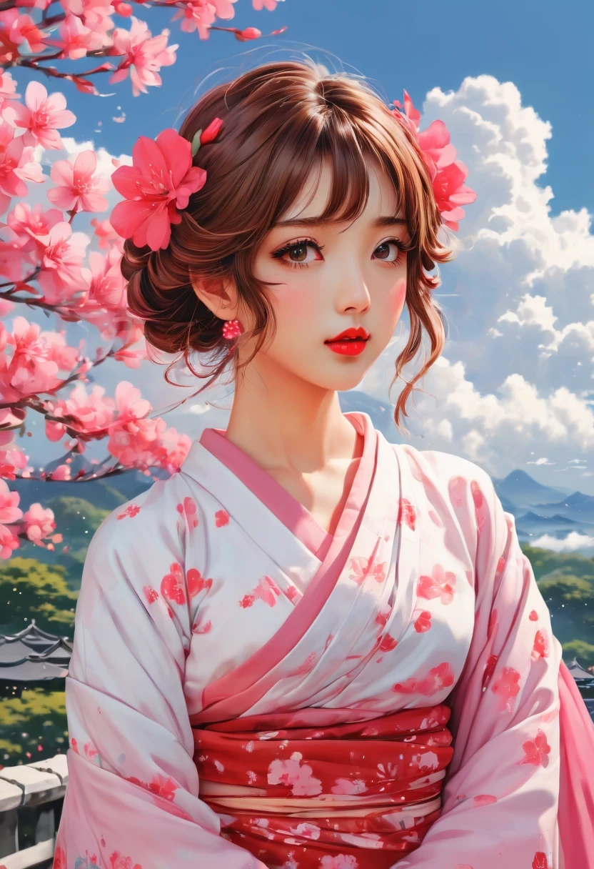 Graffiti漫画,Graffiti, wall, full image, High resolution and high contrast,simple,(masterpiece),(best quality:1.0), (ultra high definition:1.0), detailed illustration, 8k, japanese manga, 1 girl, beautiful japanese manga girl, wearing saree, Wearing a pink saree, nice pose, pretty face, detailed face, beautiful eyes, dark red eyes, detailed eyes, red lips, red lipstick, slightly brown hair, pink flowers on ears, highlights in hair, Permanent installation, There are red flowers blooming on the trees behind, open sky and clouds, detailed, complicated, japanese manga style, highly detailed