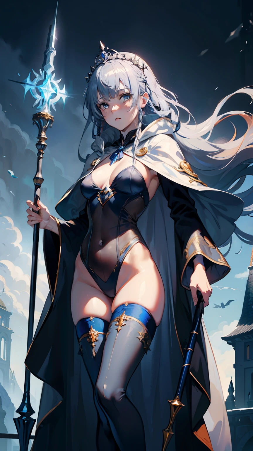 masterpiece, ultra detailed, 8k portrait, RAW photo, portrait photography, highly detailed face, beautiful and meticulous eyes, ((Fantasy)), Young beautiful, 22 years old, dynamic pose, (((expressionless))), (((blue gray colored hair))), ((one side braided with orange hair ribbon))), blunt bangs, White skin color, ((silver tiara)), Luxury, (((silver Silk Long Cloak))), (((Gorgeous Deep blue long robe))), (((dark thigh high tights))), high cut leather boots, ((lift up long magical staff)), Midday Sun, hyper realistic, Body model, Small breasts, Beautiful breasts, Long legs, in the castle, Ambient lighting, Shadow details , Camera focus on thigh, strong breeze, Light fog