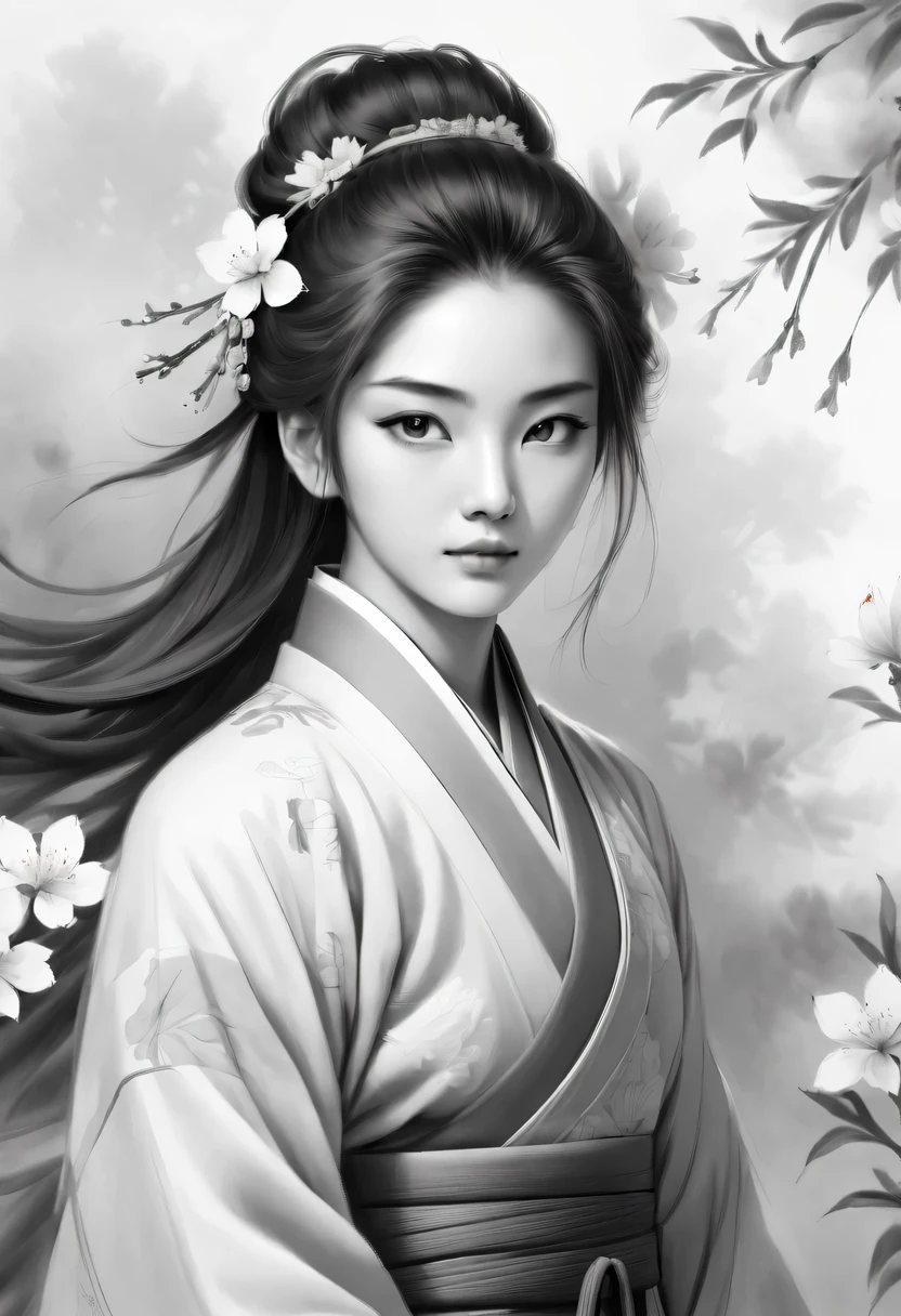 girl，swordsman，Ancient, Acura, Floral fragrance, alone, Hanfu, Flower lines draw the background, White background, monomer, draw line, ((sketch factory))，(character sketch:1.1)，(Charcoal drawing:1.2)，sketch，(pencil drawing:1.3)，Charcoal drawing风格，black and white，character sketch,