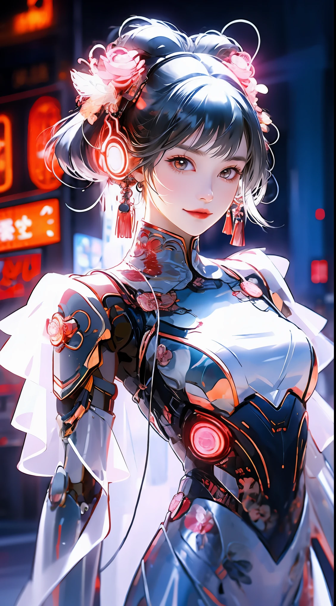 1 girl, Chinese_clothing, liquid silver and pink, cyberhan, cheongsam, cyberpunk city, dynamic poses, Luminous headphones, Luminous hair accessories, long hair, Luminous earrings, glow necklace, cyberpunk, 高science and technology城, full of mechanical and futuristic elements, futuristic, science and technology, glowing neon lights, pink, pink light, Transparent tulle, Transparent streamers, laser, digital background city sky, big moon, There is a vehicle, best quality, masterpiece, 8k, character rim light, Ultra-high detail, high quality, The most beautiful woman in mankind, smile slightly, Face forward and symmetrical, earring, Beautiful pupil light effect, visual data, Silvery-white hair, hair not messy, long hair over the waist, Luminous electronic watch, deep eyes, happy, english graffiti