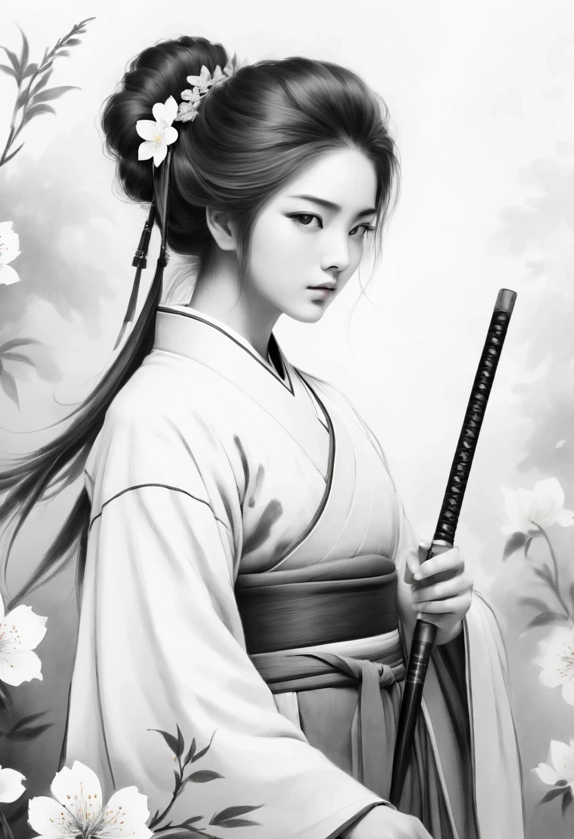 girl，swordsman，Ancient, Acura, Floral fragrance, alone, Hanfu, Flower lines draw the background, White background, monomer, draw line, ((sketch factory))，(character sketch:1.1)，(Charcoal drawing:1.2)，sketch，(pencil drawing:1.3)，Charcoal drawing风格，black and white，character sketch,