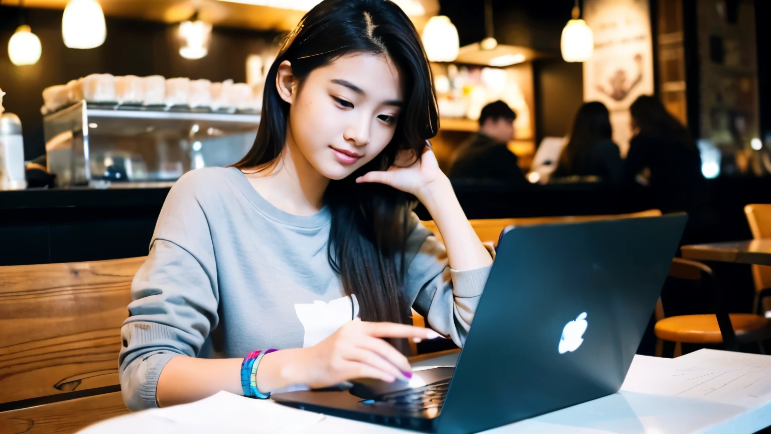 ((highest quality)), ((masterpiece)), (be familiar with), perfect face,A beautiful female college student is working remotely using a laptop and smartphone at a cafe in New York.