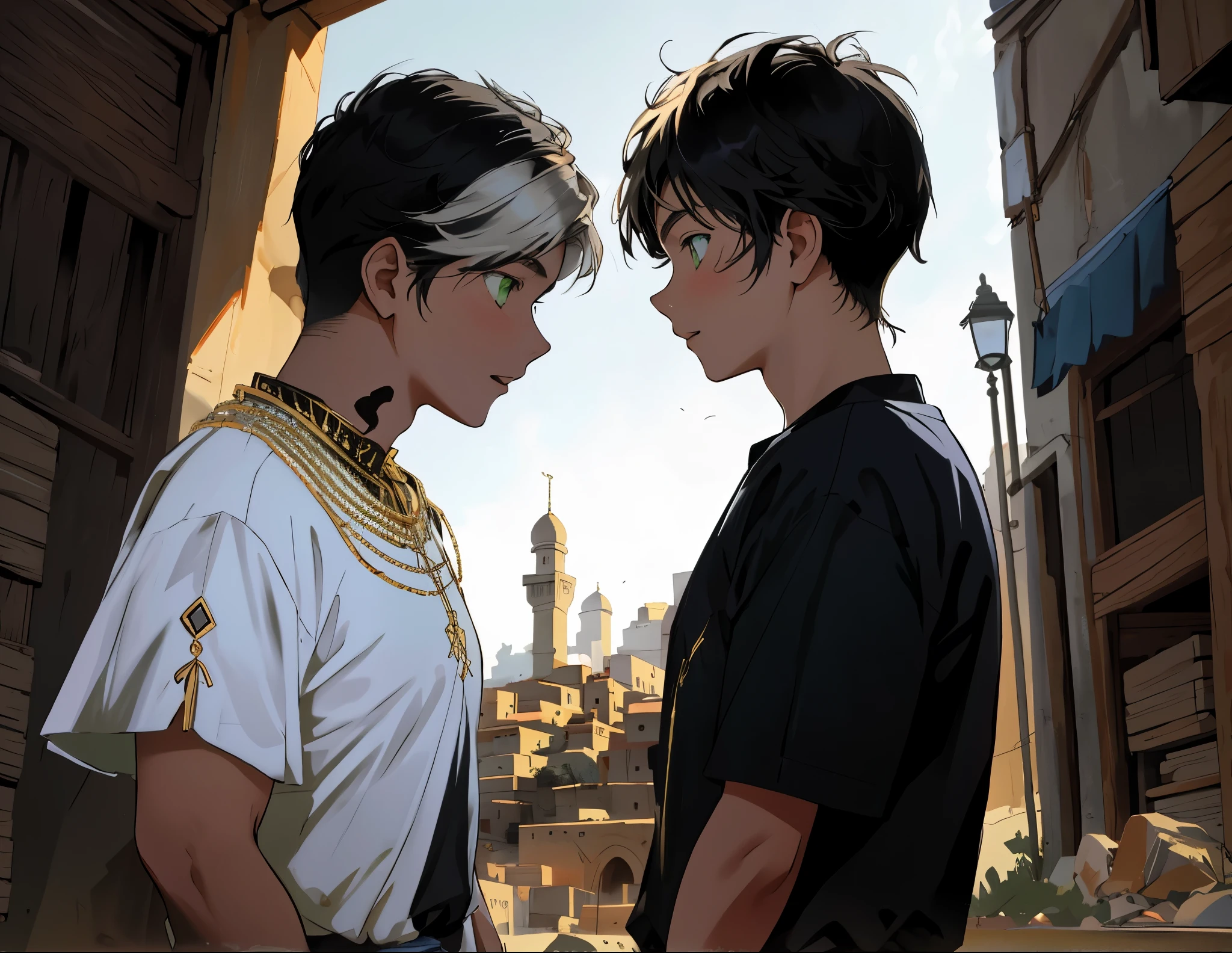 There are two 8-year-old young men, one with white hair and green eyes, is amazed when he sees the other young man's face and asks him questions, very amazed and excited.