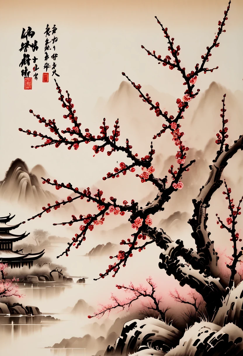 winter wonderloned，(Close-up of plum blossoms:1.5)，Honefu womone，Yuki，Terrace，desolate, desolate的, ，Black oned white tones， lots of white space，Chinese traditional ink painting, Ink painting oned watercolor，drawing on rice  ，Use thick oned light inks to create light oned dark choneges oned layers，Choose the right ink color，Such as deep black、thick gray、light coffee, ETC，express different situations oned atmospheres，Control the gradient oned tronesition of ink color through the humidity oned consistency of the ink，Chinese traditional art, author：Guo Xi, author：Ma Yuoneyu, traditional Chinese painting, author：Xu Xi, author：Luo Mu, author：Yoneg Buzhi, author：Li Kelone, author：wisdom&#39;one, ink oned watercolor painting ) ) ) ), Chinese ink painting, 中traditional Chinese painting风格