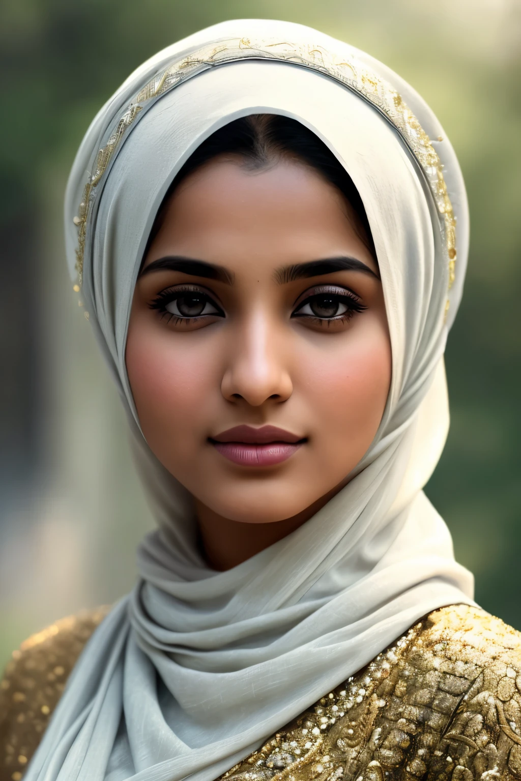 (Indian Muslim hijabi girl, captivating Indian face, elegantly dressed in modern Islamic attire, full body photograph, exquisitely detailed features, Photograph meticulously captured using a Canon 6D Mark II with an 85mm lens at f/ 4 and ISO, Glamour shot, award-winning masterpiece, intricately textured skin, Pinpoint sharp focus, Bathed in natural light, Post-processed with film grain effect for an authentic, artsy look, Transformed into a stunning painting, drawing, illustration, or 3D render, Aspect ratio 2:3, Ultra-high resolution settings: -upbeta --q 2 --