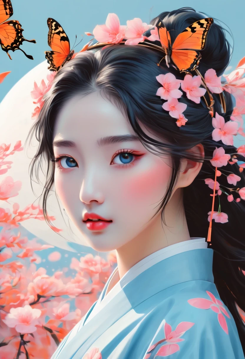 Vector illustration，Flat illustration，Young and beautiful Japanese anime girl，Looks like Liu Yifei，big watery eyes，Exquisite facial features，hat，Butterfly，Behind him there is a decorated moon，Alessandro Gortado style, light blue and pink, Vividly depict movement, Bell Stone, Well-designed, Margaret Brasingham, Light gold and orange，ethnic style，illustration，Chinese style