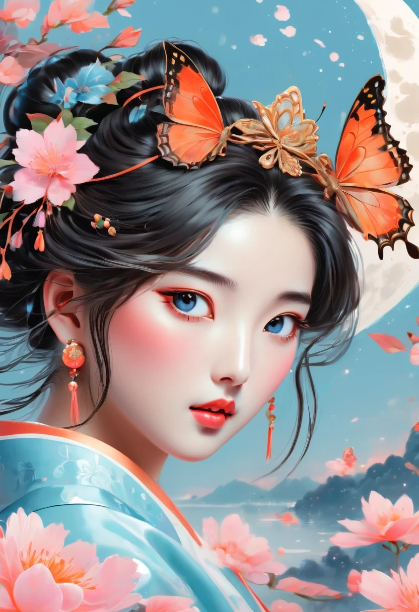 Vector illustration，Flat illustration，Young and beautiful Japanese anime girl，Looks like Liu Yifei，big watery eyes，Exquisite facial features，hat，Butterfly，Behind him there is a decorated moon，Alessandro Gortado style, light blue and pink, Vividly depict movement, Bell Stone, Well-designed, Margaret Brasingham, Light gold and orange，ethnic style，illustration，Chinese style