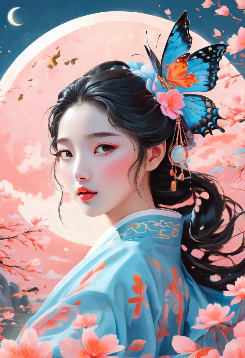 Vector illustration，Flat illustration，Young and beautiful Japanese anime girl，Looks like Liu Yifei，big watery eyes，Exquisite facial features，hat，Butterfly，Behind him there is a decorated moon，Alessandro Gortado style, light blue and pink, Vividly depict movement, Bell Stone, Well-designed, Margaret Brasingham, Light gold and orange，ethnic style，illustration，Chinese style