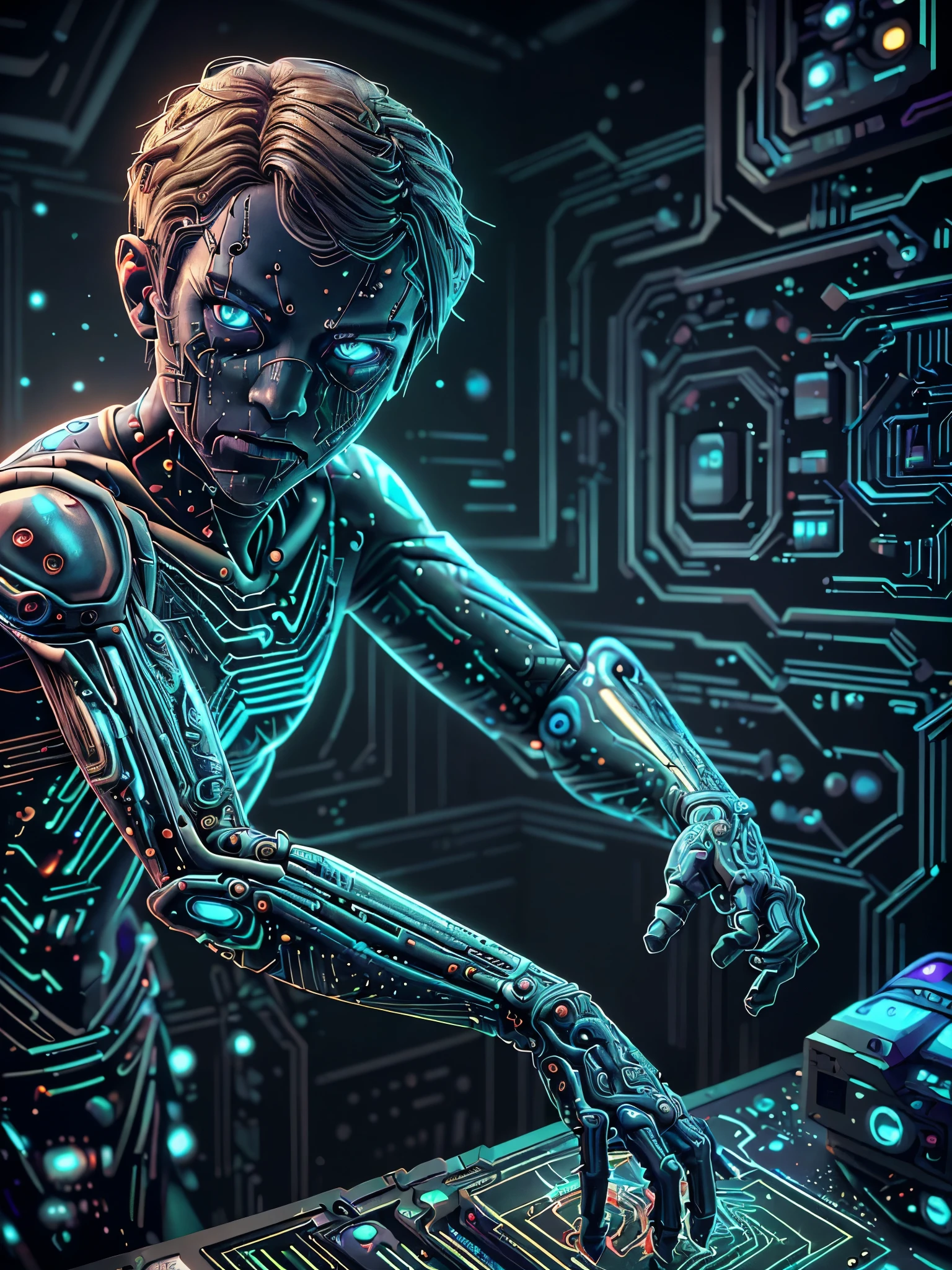 ((Best quality)), ((Masterpiece)), (detailed: 1.4), image of a handsome cyberpunk boy with short brown hair netrunner, cybernetic hands with many fingers from which many small wires stick out, who press laptop buttons. Hacker monitors and interfaces in the background., Blue light particles, Clean energy, chaos, anti-technology, HDR (high dynamic range), ray tracing ,laboratory:1.4, NVIDIA RTH, Super resolution, Unreal 5, Subsurface dispersion, Textured PBR, Post-processing, Anisotropic filtering, depth of field, maximum clarity and sharpness, Multilayer textures, albedo and specular maps, Surface Shading, Accurately simulate the interaction of light and material, Low ISO, White balance, Rule of thirds, RAV 8K, unreal engine:1.4, UHD, Best quality:1.4, Photorealistic:1.4, Masterpiece:1.8