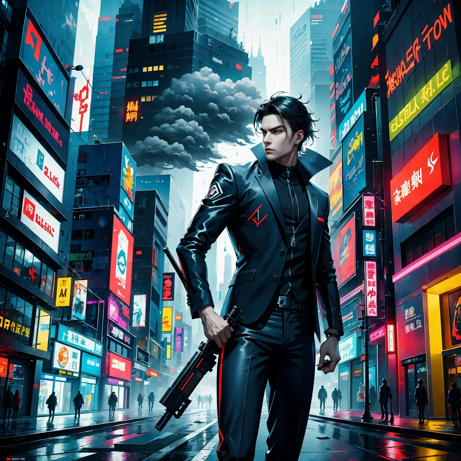 (masterpiece, best quality:1.2), Graffiti caricatures,full image, High resolution and high contrast,simple,rainy night,Futuristic male agent, His face is very determined, intense gaze, shiny black hair, Detailed futuristic silver pistol,,wearing black suit,, Stylish and well-fitting, dynamic action poses, Light, futuristic city background, neon Lights, Sci-fi atmosphere, strong shadow, smoke and fog, High-tech products, 神秘的Light环,alone,Abstract surreal colors, popular geometric surrealism, rainbow colored dreams