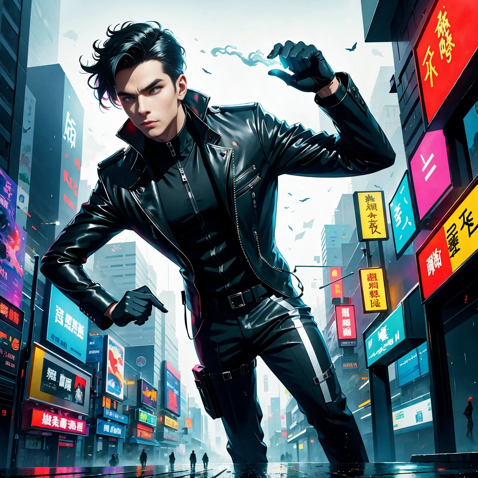 (masterpiece, best quality:1.2), Graffiti caricatures，full image, High resolution and high contrast,simple,rainy night，Futuristic male agent, His face is very determined, intense gaze, shiny black hair, Detailed futuristic silver pistol,,wearing black suit,, Stylish and well-fitting, dynamic action poses, Light, futuristic city background, neon Lights, Sci-fi atmosphere, strong shadow, smoke and fog, High-tech products, 神秘的Light环，alone，Abstract surreal colors, popular geometric surrealism, rainbow colored dreams