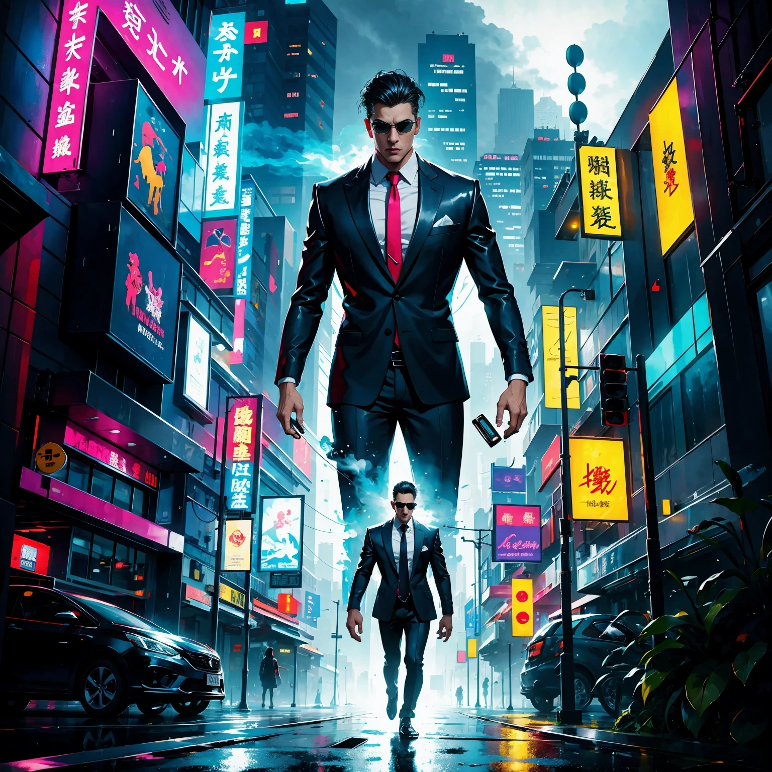 (masterpiece, best quality:1.2), Graffiti caricatures,full image, High resolution and high contrast,simple,rainy night,Futuristic male agent, His face is very determined, intense gaze, shiny black hair, Detailed futuristic silver pistol,,wearing black suit,, Stylish and well-fitting, dynamic action poses, Light, futuristic city background, neon Lights, Sci-fi atmosphere, strong shadow, smoke and fog, High-tech products, 神秘的Light环,alone,Abstract surreal colors, popular geometric surrealism, rainbow colored dreams