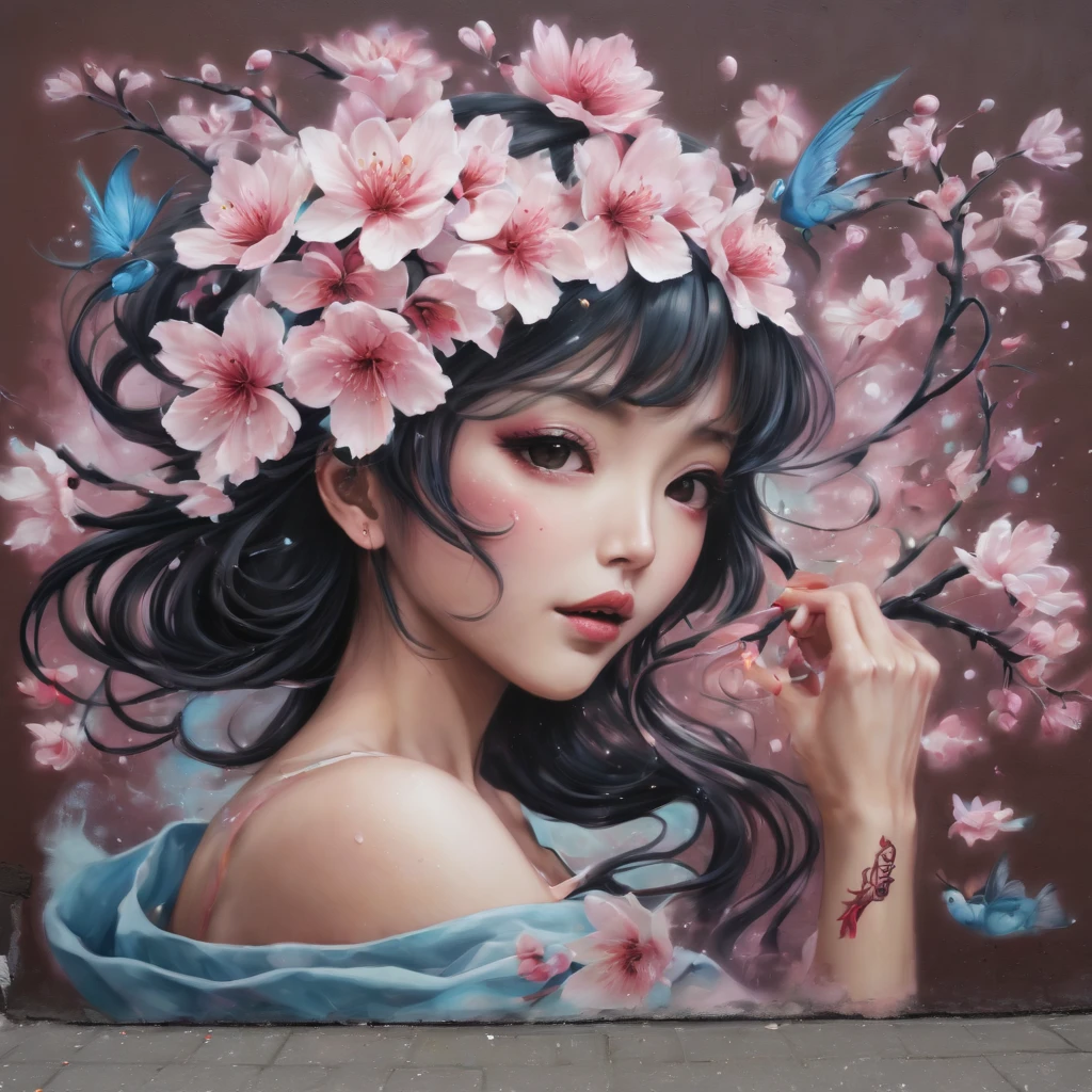 (masterpiece, best quality), Graffiti of a magical sakura maiden signed by the word TUPU. on street wall,
