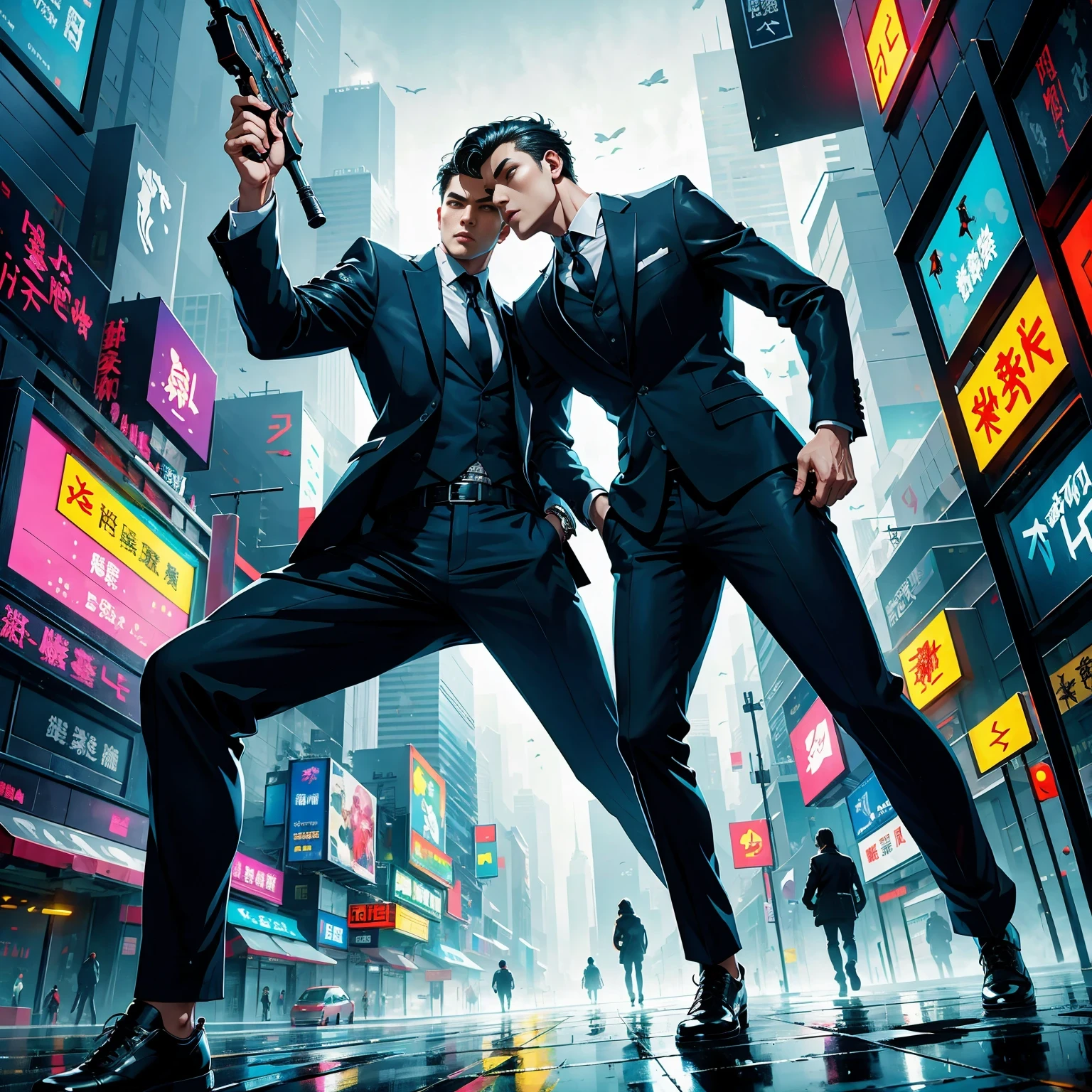 (masterpiece, best quality:1.2), Graffiti caricatures，full image, High resolution and high contrast,simple,rainy night，Futuristic male agent, His face is very determined, intense gaze, shiny black hair, Detailed futuristic silver pistol,,wearing black suit,, Stylish and well-fitting, dynamic action poses, Light, futuristic city background, neon Lights, Sci-fi atmosphere, strong shadow, smoke and fog, High-tech products, 神秘的Light环，alone，Abstract surreal colors, popular geometric surrealism, rainbow colored dreams