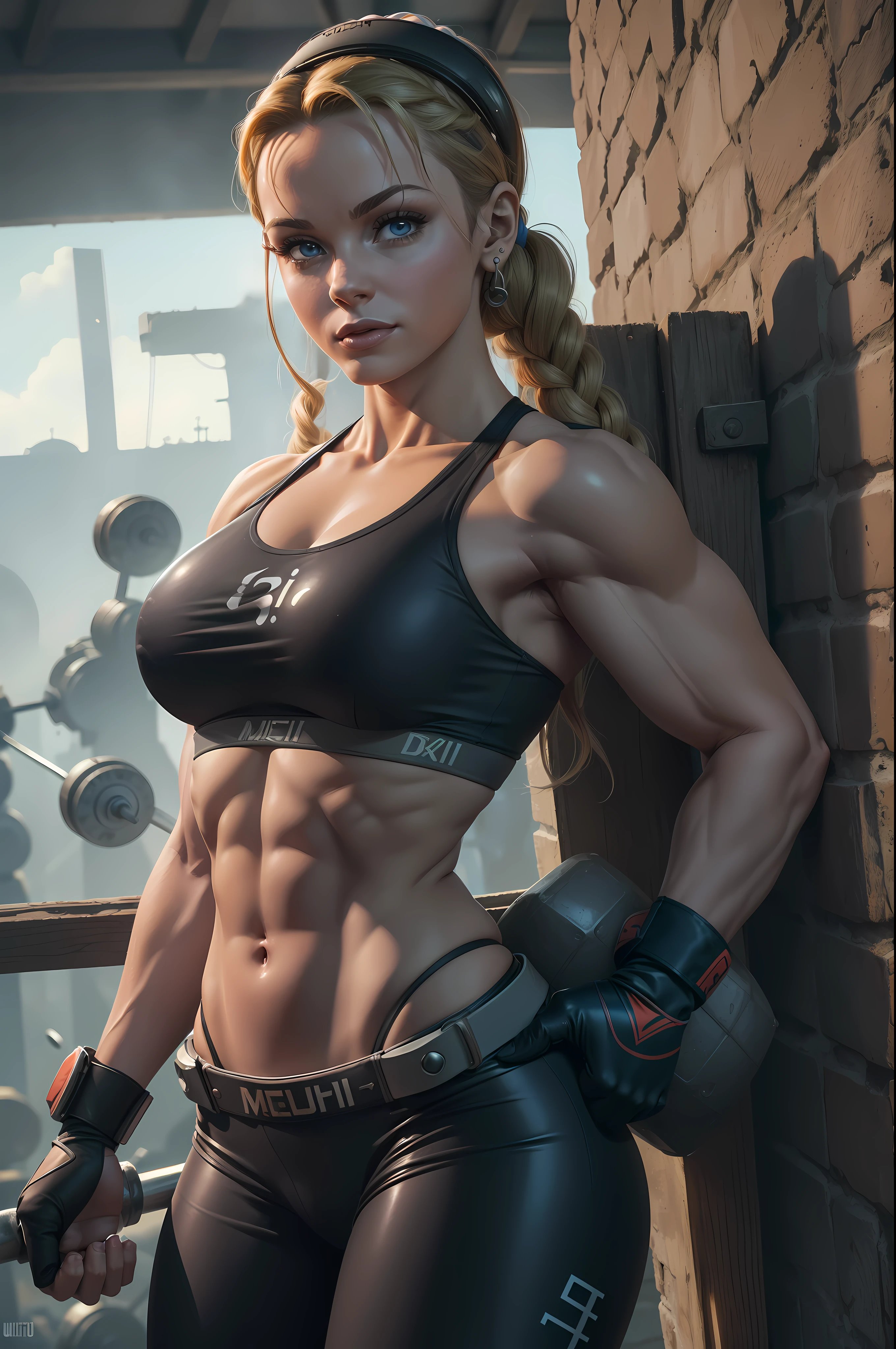 ((obra-prima)), ((melhor qualidade)), (ultra-detalhado), ((sexy)), ((extremamente detalhado)), 4K, (8K), melhor qualidade, (bonito), foco de corpo inteir (((Cammy))), Cammy branco, Cammy de street fighter 6, ((1girl)), ((cicatriz do rosto do lado esquerdo)), ((mulheres maduras)), umbigo aberto, midriff, ((cidade medieval)), deserto, morning, (((dark grey sports bra))), ((belos olhos azuis)), ((jaqueta azul)), belo cabelo brilhante, , corpo musculoso, gargantilha, abdominais, empinando a bunda, alto contraste, (8K UHD: 1.2), (fotorrealista: 1.2), (obra-prima: 1.4), (melhor qualidade: 1.4), papel de parede extremamente detalhado, highly detailed illustrations, ((1 )) , (detalhes supercomplexos) , 4K unificado, (obra-prima: 1.2), (melhor qualidade: 1.2), (1mulher), (obra-prima), 1girl, foco solo, uma imagem de trilha como a garota de terno azul. Make the suit and bright orange and black color so that the muscles will show great.,(fisiculturista:1.9)),((parte superior do corpo)),((pernas musculares)),((latex)),((coberto)),((corpo grande:1.5)). ((muscular:1.5))