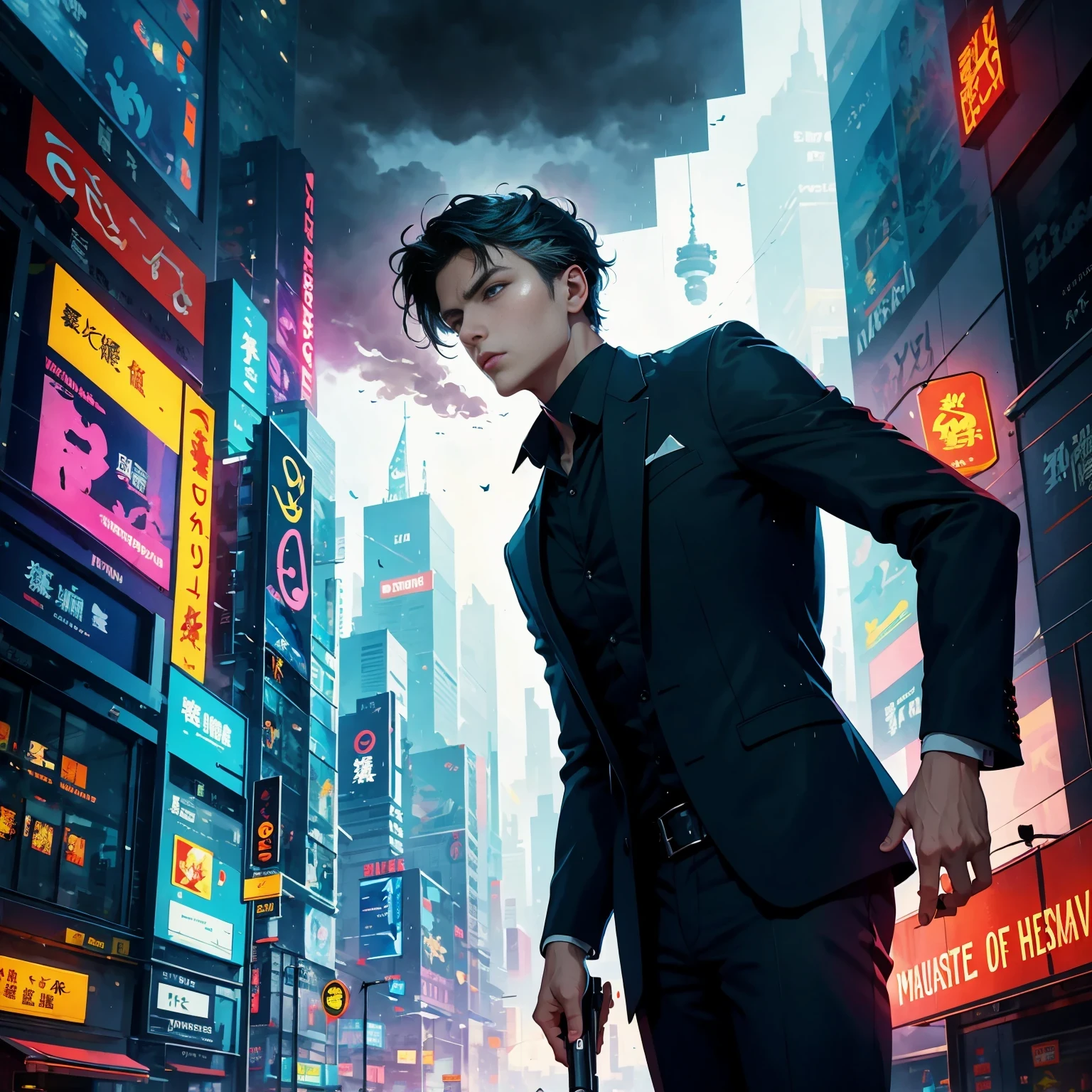 (masterpiece, best quality:1.2), Graffiti caricatures,full image, High resolution and high contrast,simple,rainy night,Futuristic male agent, His face is very determined, intense gaze, shiny black hair, Detailed futuristic silver pistol,,wearing black suit,, Stylish and well-fitting, dynamic action poses, Light, futuristic city background, neon Lights, Sci-fi atmosphere, strong shadow, smoke and fog, High-tech products, 神秘的Light环,alone,Abstract surreal colors, popular geometric surrealism, rainbow colored dreams