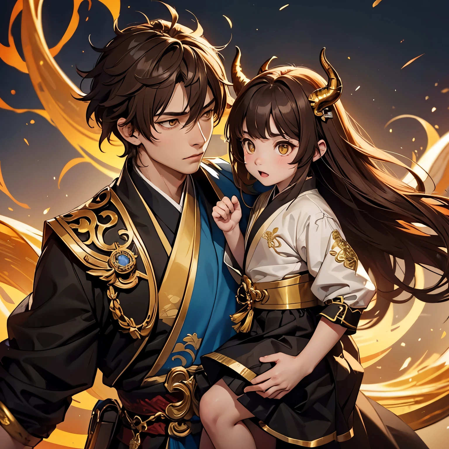 Zhongli from genshin impact,holding a small girl that is so similar (golden eyes,brown hair with gold gradient at the edges)to him,probably his daughter,and he has dragon tail and horns,he looks a little exhausted and put of control(he is losing control of his dragon side* but looks at his with love,they are in the mountains of liyue