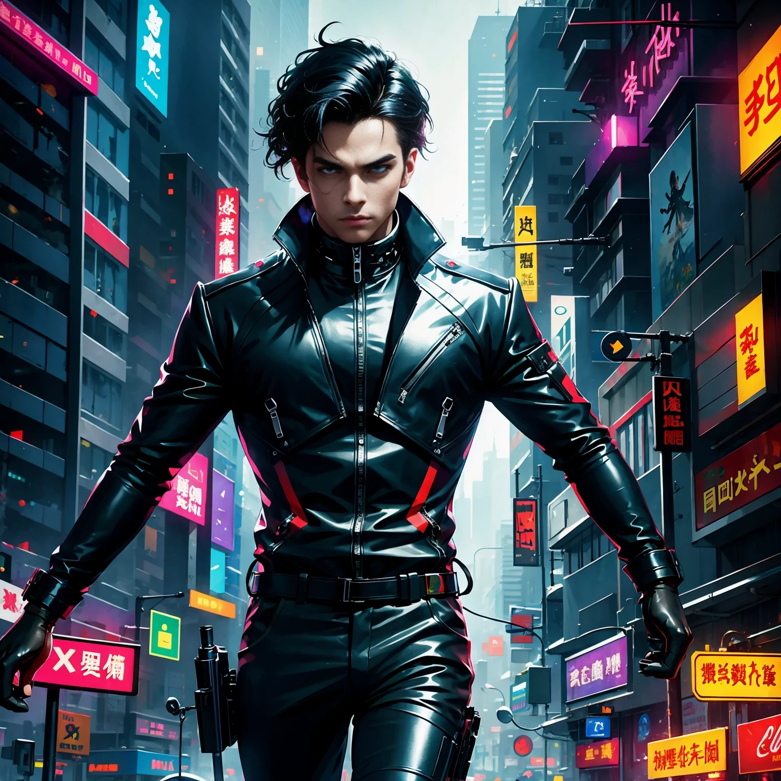 (masterpiece, best quality:1.2), Graffiti caricatures,full image, High resolution and high contrast,simple,rainy night,Futuristic male agent, His face is very determined, intense gaze, shiny black hair, Detailed futuristic silver pistol,,wearing black suit,, Stylish and well-fitting, dynamic action poses, Light, futuristic city background, neon Lights, Sci-fi atmosphere, strong shadow, smoke and fog, High-tech products, 神秘的Light环,alone,Abstract surreal colors, popular geometric surrealism, rainbow colored dreams