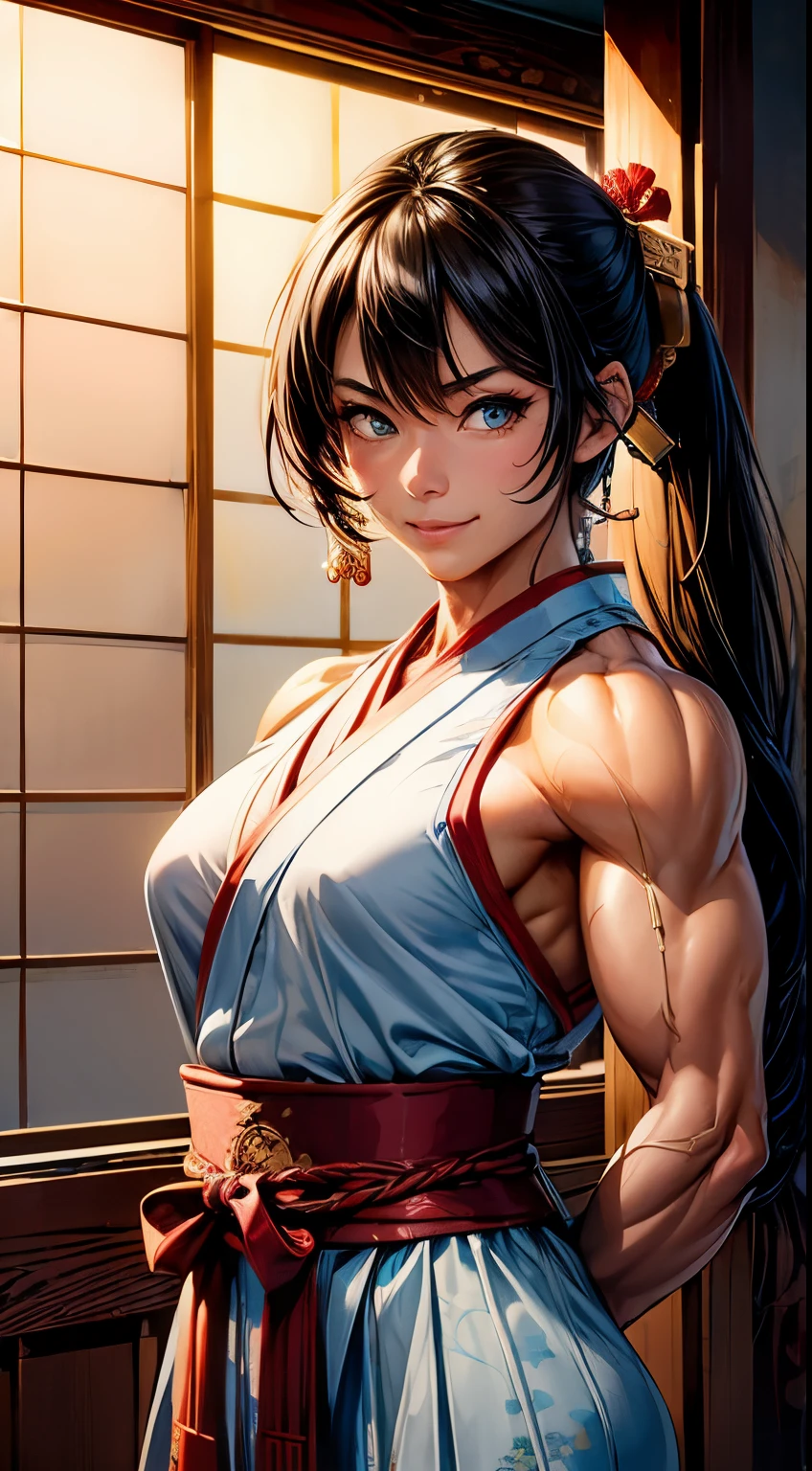 ((body_builder:1.5)),((masterpiece,ultra-detailed, intricate details, best quality,illustration)),1girl, solo, highres, looking at viewer, blue eyes, black hair, long hair, side ponytail, smiling, wearing traditional Japanese clothing, hakama, uwagi, geta, holding a katana sword, in a Japanese garden, sakura tree, petals falling, shoji door, sunlight shining through, warrior pose, confident expression, heroic, strong, feminine, empowered, traditional, Japanese culture, Eastern aesthetics, elegant, beautiful, detailed, vibrant colors, high contrast, dynamic lighting, realistic textures, traditional painting style, illustration aesthetic