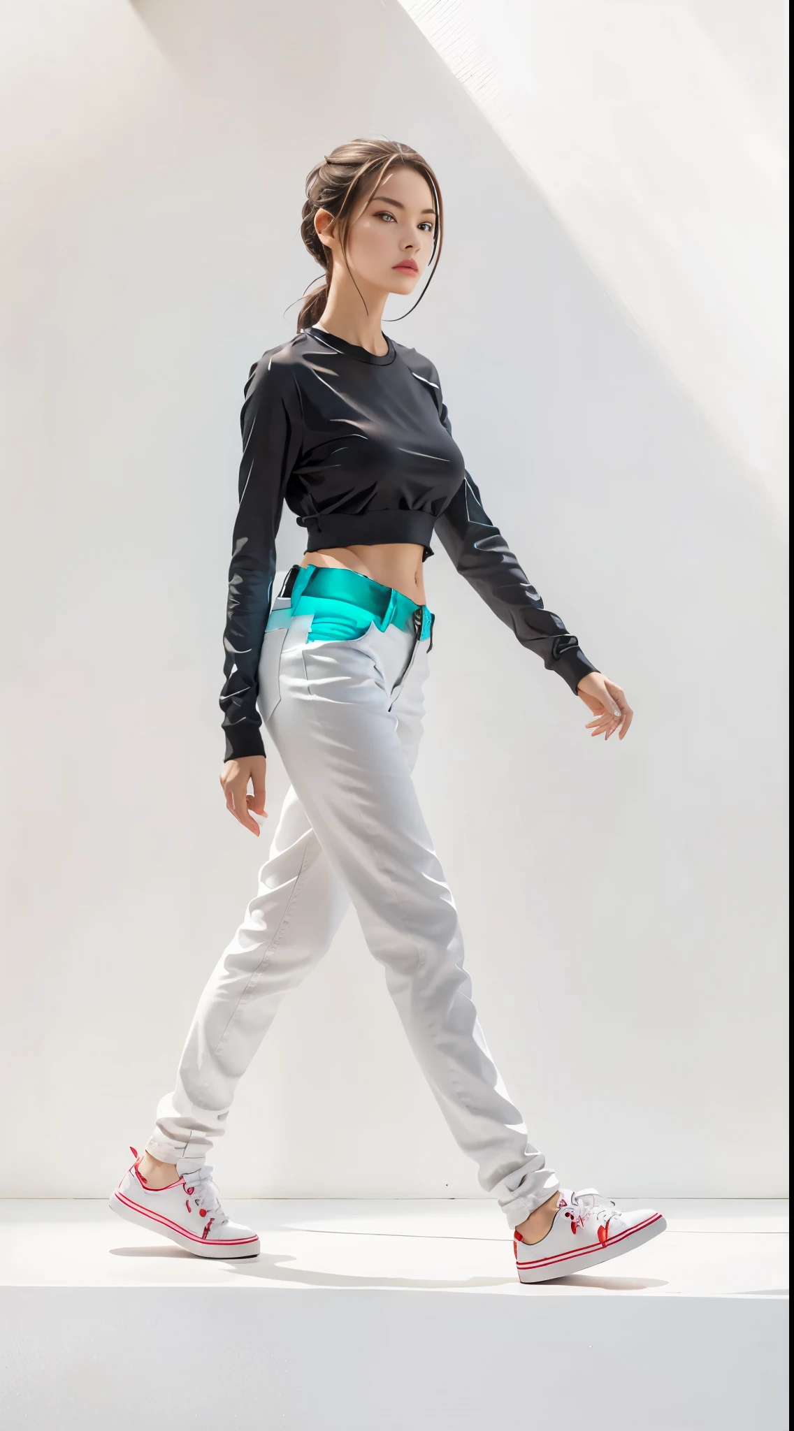 16K, Masterpiece, photorealism, The girl walks to her full height, the girl is dressed in a white top, light jeans, white sneakers, white background,