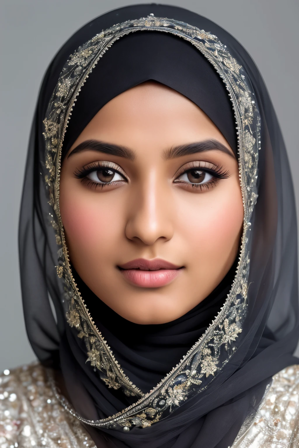 Indian Muslim hijabi 18-year-old girl, with a captivating Indian face, adorns a modern Islamic dress in this exquisitely detailed photograph. The full expanse of her body is visible, adding to the allure of the image. The photograph was meticulously captured using a Canon 6D Mark II with an 85mm lens set at f/ 4 and ISO, ensuring a glamour shot of the highest caliber.

This award-winning photograph boasts an intricately detailed face, showcasing every pore and textured feature in stunning clarity. The sharp focus locks on each element, including the delicate fabric of her hijab and the intricate
